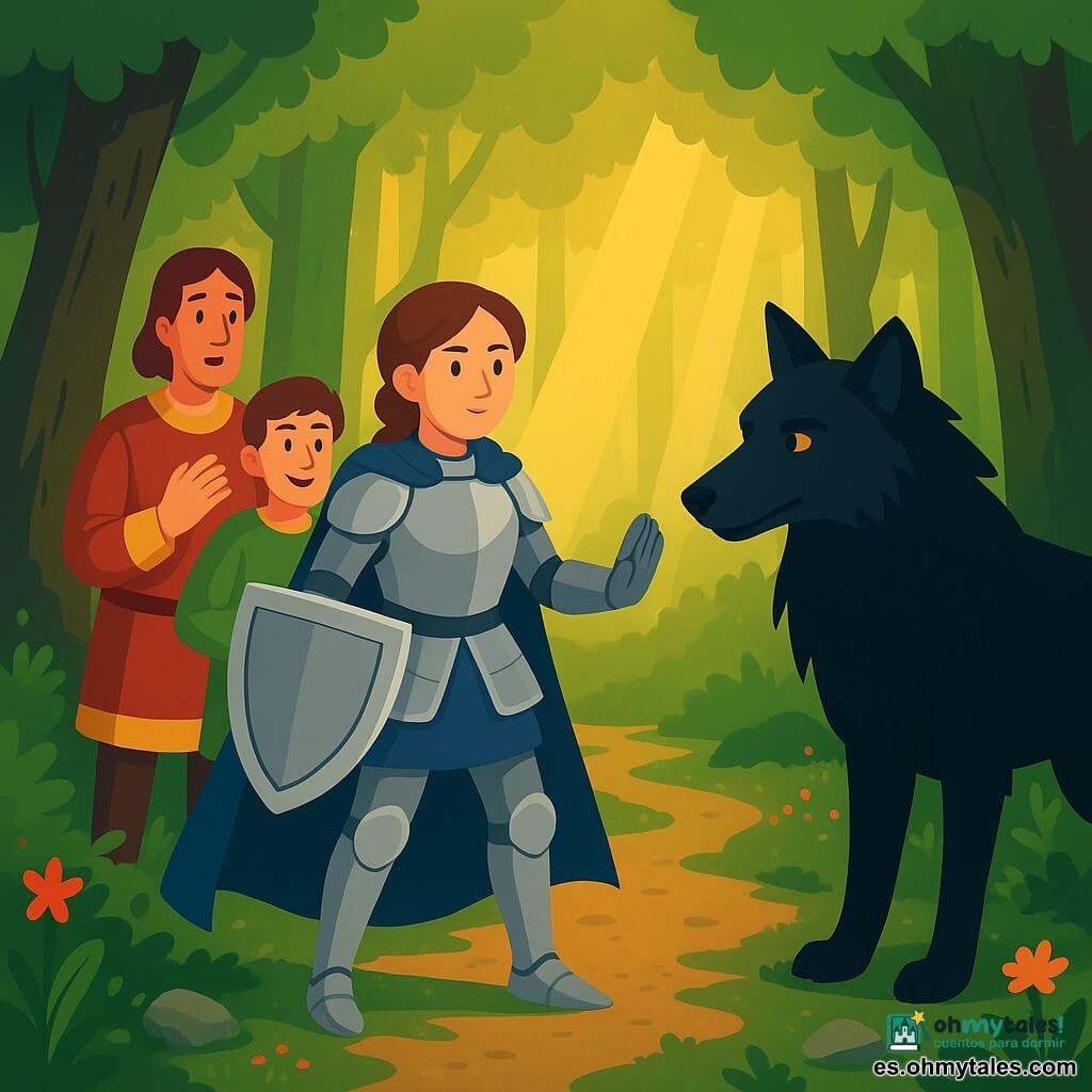 Una caballera joven de rostro dulce y decidido, armadura plateada brillante con capa azul oscuro, cabello castaño trenzado, postura valiente, de pie en el centro con una rodilla ligeramente flexionada, escudo alzado y palma abierta hacia un gran lobo negro con expresión tranquila y protectora; detrás a la izquierda, un emisario adulto de unos 30 años, alto y delgado, túnica roja y amarilla, manos juntas y rostro sorprendido pero aliviado; a la derecha, otro emisario de unos 28 años, pequeño y sonriente, vestido de verde, apoyando una mano en el hombro del primero y mirando a la caballera con admiración; el lobo, grande, pelaje negro brillante, ojos ámbar, hocico algo bajo, frente a la caballera pero apaciguado; claro en un bosque encantado con árboles muy altos de troncos musgosos, helechos y flores en el suelo, rayos de luz dorada entre el follaje y un sendero de tierra húmeda con piedras cubiertas de musgo; escena principal: la caballera protege tranquilamente a los emisarios del lobo en una clara iluminada, tensión apaciguada y amistad naciente, colores cálidos y contraste nítido, estilo simple y legible para niños.