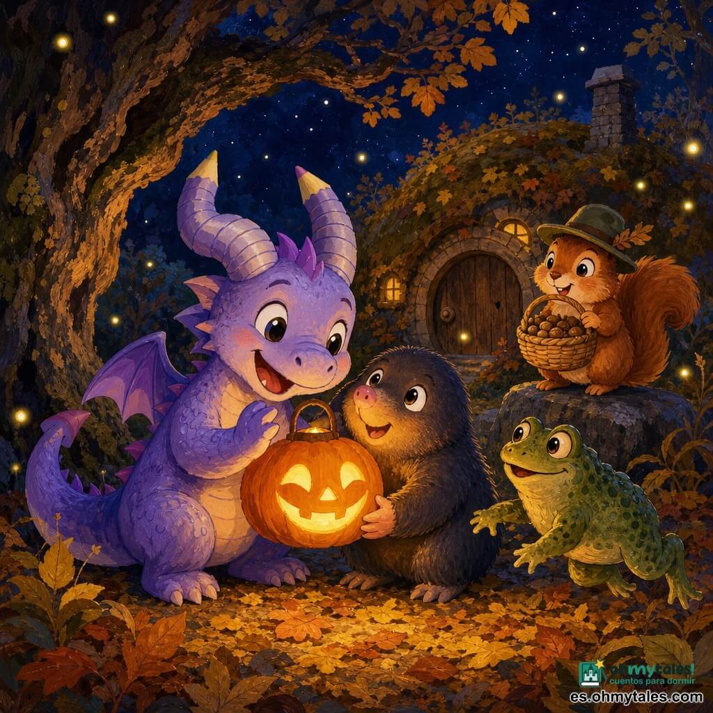 Lumo, un pequeño dragón de escamas lavanda y cuernos en espiral, sostiene con delicadeza una linterna-calabaza sonriente mientras protege la llama; Tomi, un topo redondo y peludo de hocico rosa, la agarra junto a él, asombrado y reconfortado; Miga, una ardilla rojiza con sombrero de fieltro, sonríe detrás con un cesto de semillas sobre una piedra baja; Bombo, un sapo verde verrugoso, salta curioso junto al grupo; todo en un claro forestal bajo un cielo estrellado, suelo cubierto de hojas doradas y naranjas, una encina formando un arco, luciérnagas y una casa-madriguera al fondo; la escena muestra a la tropa ayudando a Tomi a vencer su miedo a la noche compartiendo el calor de la linterna, con sombras danzantes, colores otoñales saturados y texturas de gouache visibles.