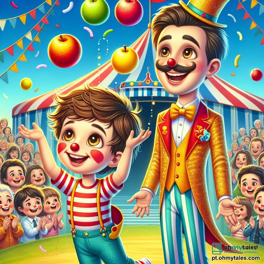 Um menino de 6 anos, chamado Pedro, com cabelos castanhos bagunçados e olhos brilhantes de alegria, está no centro da imagem, sorrindo amplamente enquanto lança maçãs coloridas ao ar. Ele usa uma camisa listrada vermelha e amarela e um pequeno chapéu de palhaço. Ao seu lado, Zé, um malabarista de cerca de 30 anos, com um bigode fino e um traje brilhante, o observa com um sorriso encorajador enquanto faz malabarismos com maçãs. Ao fundo, um picadeiro de circo colorido, com listras vermelhas e brancas, se ergue majestoso sob um céu azul claro, enquanto espectadores maravilhados aplaudem e riem. A cena captura a emoção e a magia do circo, com balões flutuando e confetes no ar, enquanto Pedro e Zé se preparam para realizar um número de malabarismo hilário.