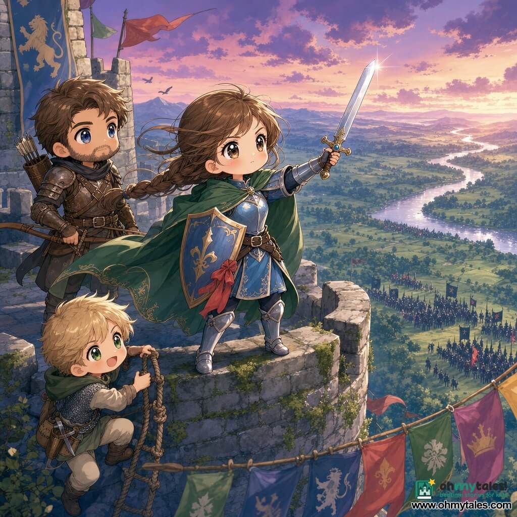 A young female knight (about 16) with a round face, large bright eyes, determined expression, brown braided hair, wearing light blue armor with silver trim and a green cape, holds a small sparkling sword in her right hand and a shield with a red ribbon in her left, standing on mossy grey castle battlements; to her left an affable companion knight (about 25) with a short beard and worn brown armor stands alert with a bow looking toward the valley; a lively young squire Tilla (about 12) with short blond hair and a simple dress under chainmail climbs a rope with tools at the knight’s feet, smiling but focused; beyond colorful pennants in the foreground lies a green valley with a silver river and distant dark army silhouettes under a pink-purple twilight sky—the young knight faces the valley in a heroic stance, cape billowing, ready to protect the Beacon Stone, the scene charged with courage, tension, and hopeful adventure.