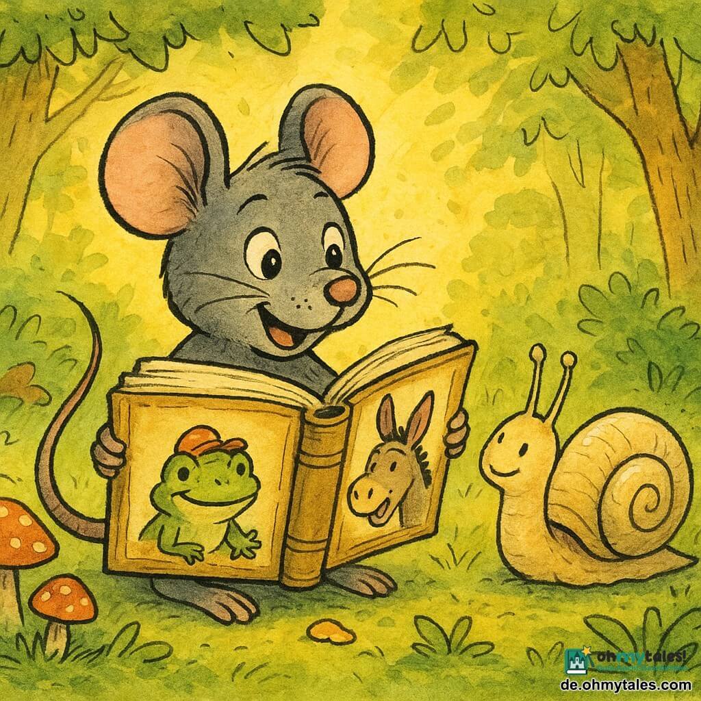 Eine kurze Zusammenfassung: Ein kleiner grauer Rino‑Ratte mit großen runden Ohren und feinen Schnurrhaaren lächelt erstaunt, hält ein aufgeschlagenes altes Buch zwischen den Pfoten und stolpert leicht, dabei fällt ein Keksbrösel; rechts von ihm Lilli, die kleine Schnecke mit perlmuttfarbenem Gehäuse, langsam und gütig, mit Fühlern auf der Buchkante, fast lächelnd; auf der Buchseite eine Zeichnung von einem Frosch mit kleiner Kappe und einem Grimassenziehenden Esel, stilisiert mit einfachen Linien und leuchtenden Farben; Schauplatz eine von goldenem Licht durchflutete Waldlichtung mit grünem Gras, ausgeschnittenen Blättern, roten Pilzen und Sonnenstrahlen zwischen den Zweigen; spielerische, warme Stimmung, farbige Tusche mit schwarzen Konturen, Pastellpalette akzentuiert durch kräftiges Gelb und Grün; Szene zeigt den Moment, in dem Rino das magische Buch entdeckt und lächelt, als ein leises Lachen aus den Seiten zu kommen scheint — zentrale Komposition mit Fokus auf Ratte, Schnecke und offenem Buch.
