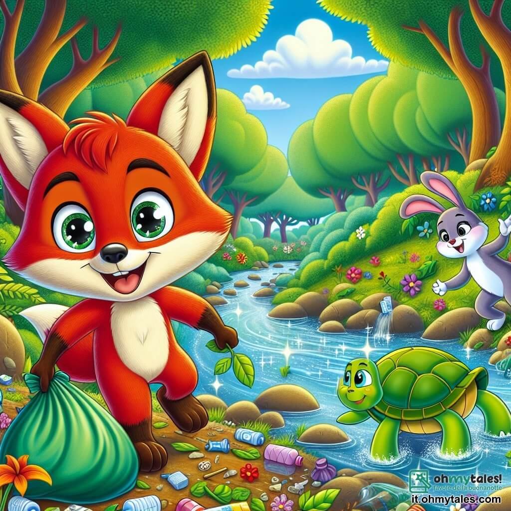 Rocco, una piccola volpe dai brillanti peli rossi e dagli occhi pieni di curiosità, sta raccogliendo rifiuti vicino a un ruscello scintillante. Ha un grande sorriso sul volto, mostrando la sua determinazione a proteggere la natura. Accanto a lui, Carla la tartaruga, con il suo guscio verde e i suoi occhi dolci, guarda Rocco con ammirazione, un leggero sorriso sulle labbra. Leo il coniglio, con le sue grandi orecchie bianche e il pelo setoso, salta gioiosamente attorno a loro, esprimendo il suo entusiasmo con salti felici. Il luogo è una foresta incantata, piena di alberi maestosi con foglie verdi vivaci, fiori colorati che danzano al vento e un ruscello cristallino che serpeggia tra le rocce. La scena principale mostra Rocco e i suoi amici in azione, uniti per pulire la foresta, circondati da rifiuti colorati che cercano di raccogliere, ridendo e incoraggiandosi a vicenda.