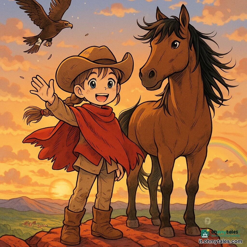 Rosa, giovane cow‑girl fiera e sorridente sulla vetta con largo cappello da cowboy, poncho rosso, stivali di cuoio impolverati, una mano alzata in saluto e treccia al vento; Pepe, grande cavallo bruno con criniera nera e nari fumanti, accanto a lei con sguardo dolce e energico e zoccoli sui massi; un'aquila ferita vola verso il cielo con un'ala bendata ma libera e poche piume luccicanti; cima rocciosa con grandi massi rossi, nuvole basse, arcobaleno all'orizzonte, prati e minuscolo villaggio sottostante; scena principale: cow‑girl e cavallo sulla cima al tramonto, vento forte che fa volare i tessuti, lei grida un saluto alla montagna in una luce calda e dorata.