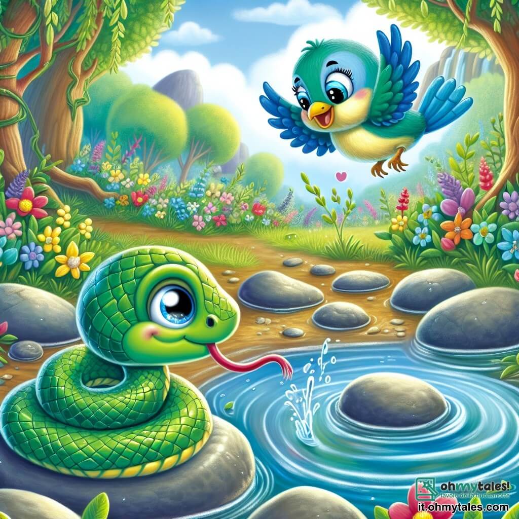 Un piccolo serpente verde, chiamato Serpino, con squame brillanti e occhi pieni di curiosità, striscia dolcemente su pietre lisce vicino a una grande pozzanghera. Sembra determinato e felice, pronto ad affrontare una sfida. Accanto a lui, un piccolo uccellino blu, Uccellina, con piume splendenti e un sorriso incoraggiante, vola sopra la pozzanghera, pronta ad aiutare il suo amico. Sullo sfondo, fiori colorati e alberi maestosi circondano la scena, creando un'atmosfera magica. Serpino, con coraggio, si prepara a attraversare la pozzanghera, mentre Uccellina lo incoraggia con battiti d'ali gioiosi.