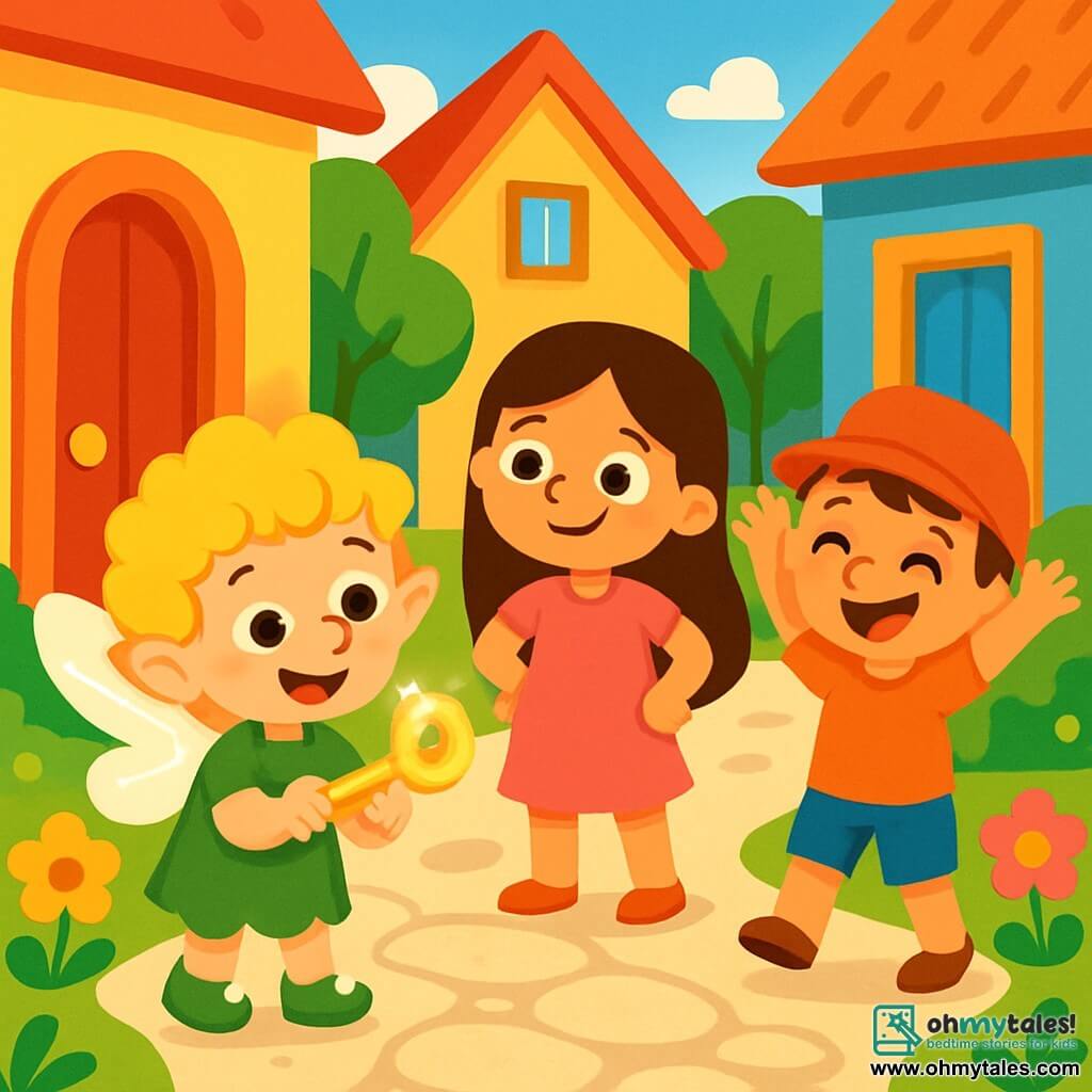 A small elf named Sparkle, with shiny wings and curly hair, is joyful and curious. He holds a shiny key in his tiny hands and looks around with sparkling eyes of excitement. Next to him, Mia, a smiling girl in a pink dress with long hair, watches attentively, hands on her hips, full of enthusiasm. Ben, a boy wearing a red hat, laughs joyfully, arms raised in the air as if he just had an idea. The scene takes place in a sunny neighborhood with colorful houses in red, yellow, and blue, surrounded by green trees with bright leaves. The ground is paved with shiny stones, and multicolored flowers grow along the sidewalks. Sparkle, Mia, and Ben are trying to find out who the shiny key belongs to, knocking on the doors of nearby houses, filled with excitement and curiosity.
