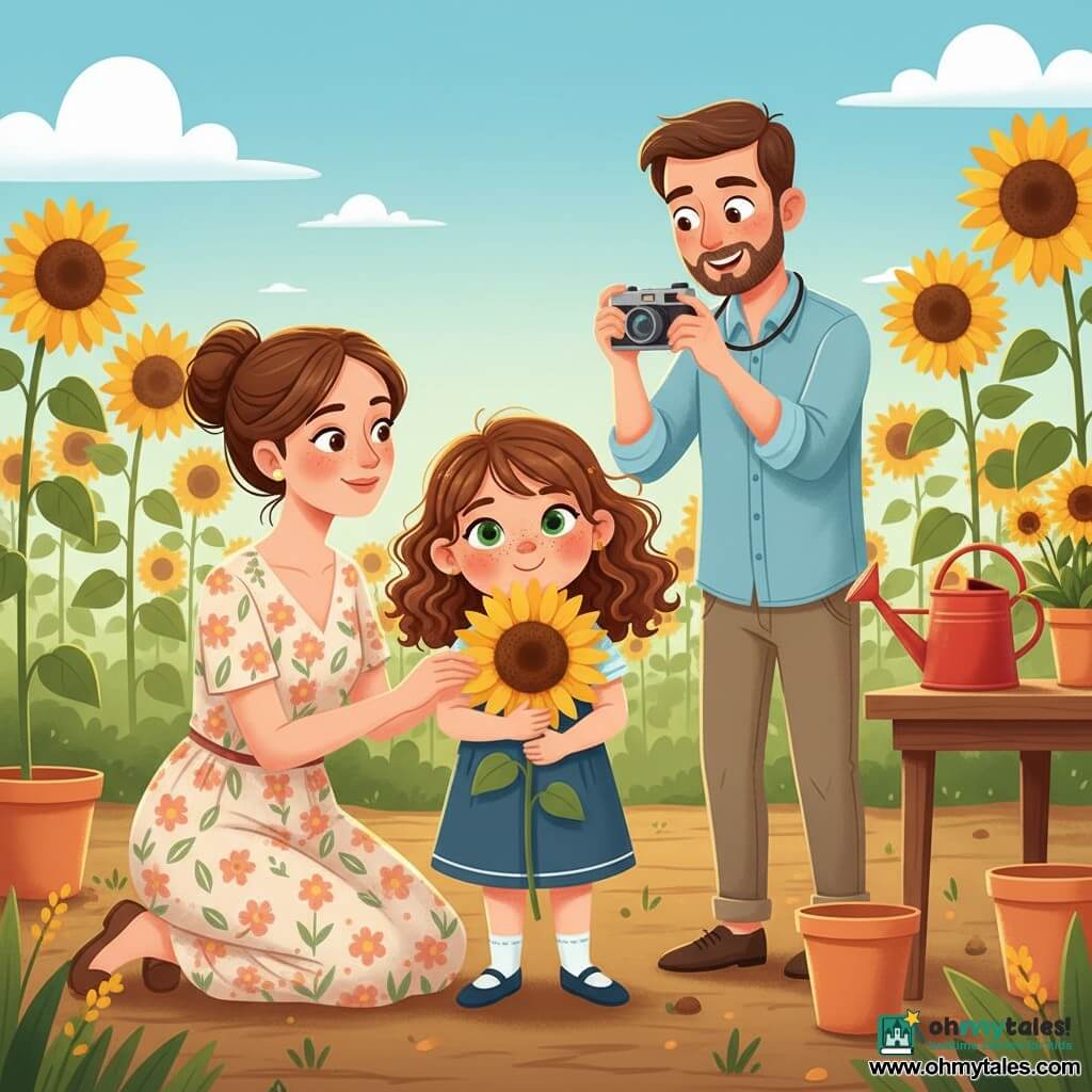 An 8-year-old girl with shoulder-length curly chestnut hair, sparkling green eyes, a round freckled face, smiling but thoughtful, holds a large yellow sunflower to her chest while her kneeling mother in a floral dress gently touches a petal and looks at her tenderly as the standing father in a light blue shirt and short beard smiles and takes a photo with a vintage camera in a sunny garden of tall sunflowers, terracotta pots, a red watering can on a wooden table, and a blue sky with a few clouds during a warm, tender family picnic.