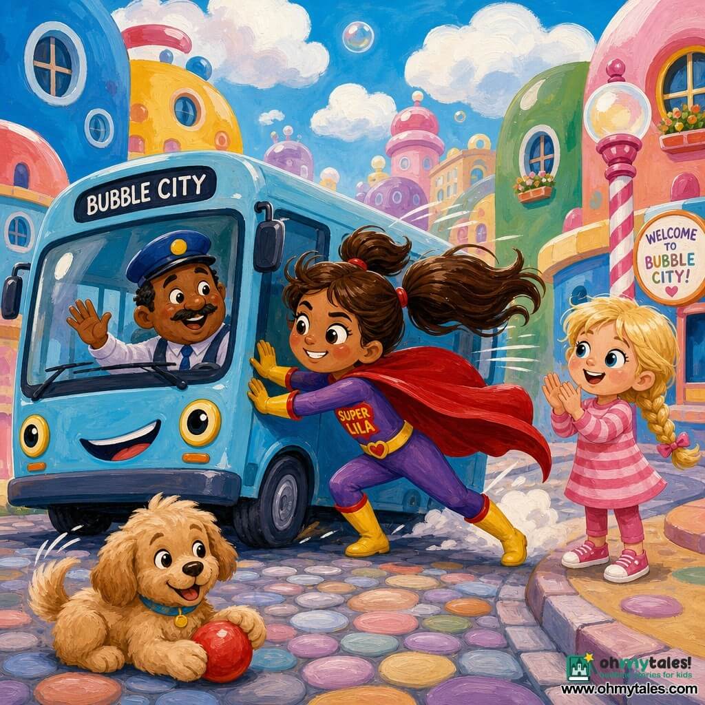A child-woman, Super Lila, smiling and determined with bright eyes and rosy cheeks, wearing a shiny red cape and yellow boots, heroically pushes a small light-blue bus, her brown hair in two fluttering pigtails; the bus driver, about 40 with a round face and thin mustache, stands at the left door raising a hand in thanks; Mia, about 5, in a pink-striped dress with braided blonde hair, stands to Super Lila’s right on the sidewalk, smiling and clapping; a small fluffy light-brown puppy wags its tail holding a red ball in the foreground; scene in Bubble City on a colorful cobbled street with pastel round buildings, lollipop streetlamps and soft clouds—a bright, comic moment with dynamic lines, bursts of color, smiles and applause as Super Lila helps the stuck bus.
