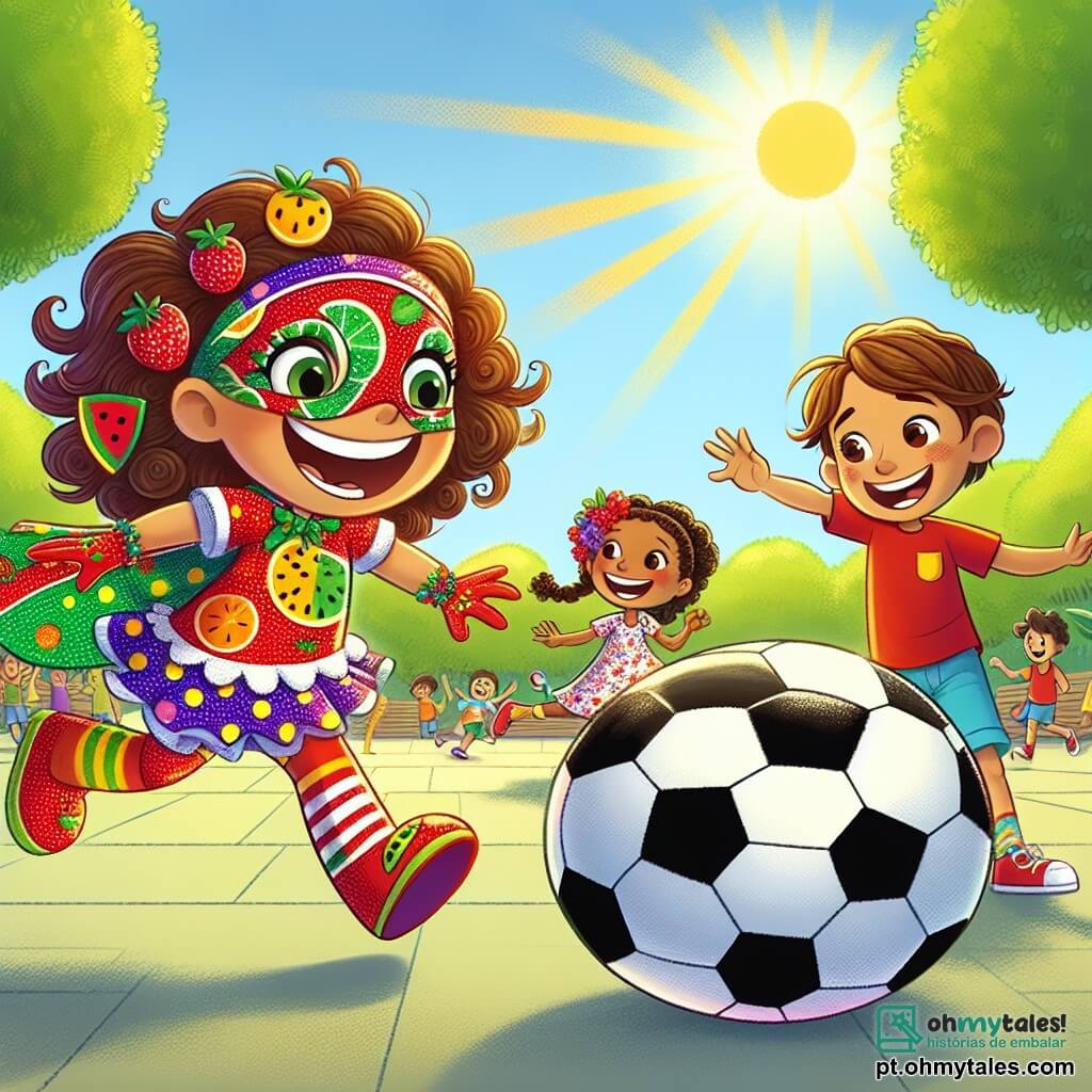 Lúcia, uma super-heroína alegre, usa um traje colorido cheio de padrões de frutas e bolinhas, com cabelos cacheados e um grande sorriso no rosto. Ela corre entusiasmada, com os braços levantados, tentando pegar uma enorme bola de futebol que rola rapidamente. Miguel, um menino de cerca de 8 anos, tem cabelos castanhos e veste uma camiseta vermelha. Ele ri enquanto aponta para a bola gigante que se afasta, de pé ao lado, com os braços cruzados. Ana, uma menina de 7 anos com tranças e um vestido florido, está perto de Lúcia, com os olhos arregalados de admiração, pronta para ajudar. A cena acontece em uma grande praça ensolarada, cercada por árvores verdes e bancos de madeira, com crianças brincando e adultos rindo ao redor. No centro, a bola gigante, brilhante e colorida, rola alegremente, criando uma atmosfera de festa e diversão. Lúcia, com seu traje divertido, tenta alcançar a bola gigante que escapa, criando uma situação cômica e cheia de vida, onde a amizade e o riso estão no coração da aventura.