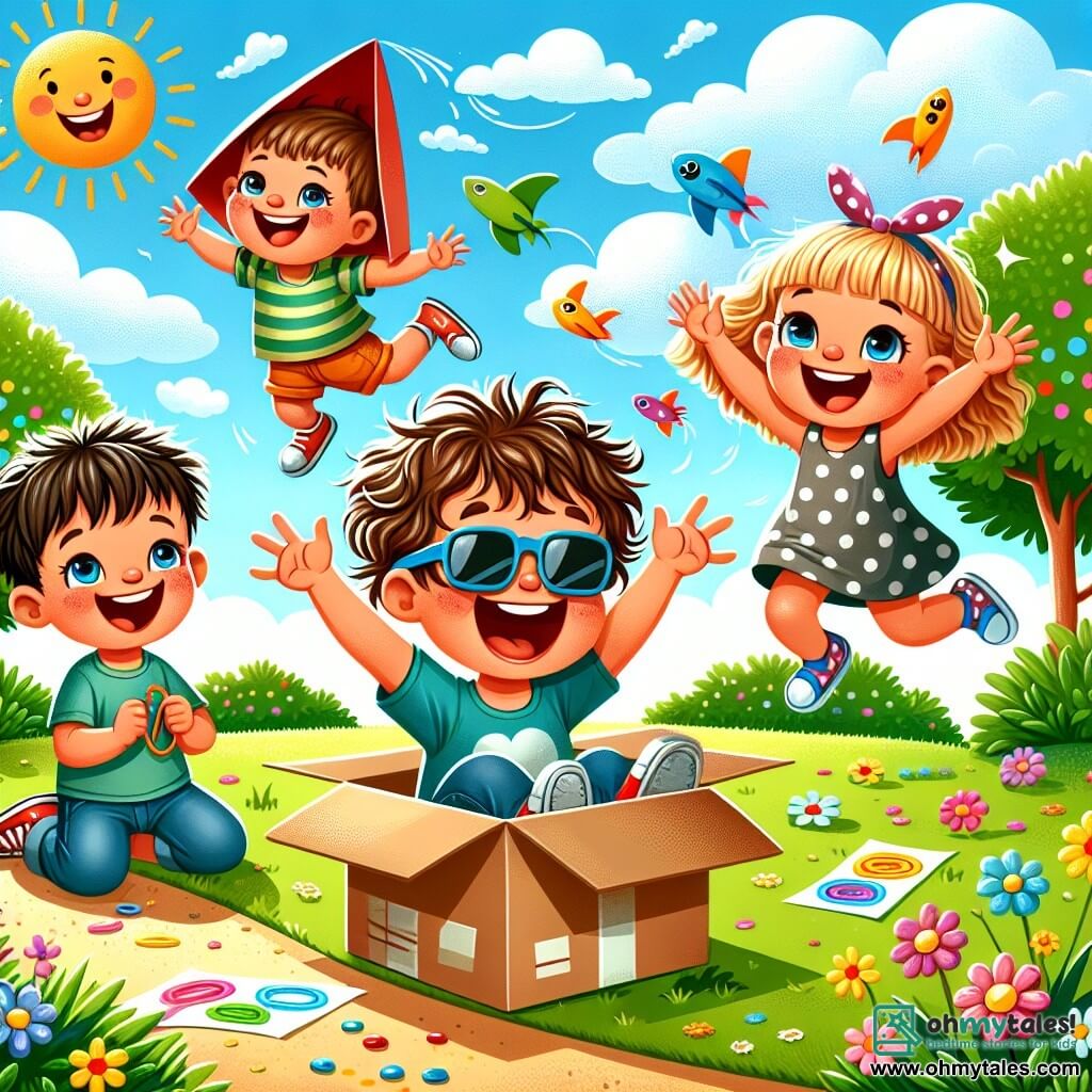 A 2-year-old boy named Tommy, with messy brown hair and a big joyful smile, is sitting in a cardboard box on the green grass, raising his arms as if he is flying in a spaceship. Next to him, Billy, a 3-year-old boy wearing a large red hat and sunglasses, is laughing and waving his arms, while Sally, a 2-year-old girl with blonde pigtails and a polka dot dress, jumps for joy holding colorful stickers. Jamie, a 3-year-old boy with curly hair and a blue t-shirt, dances around them with his arms in the air and a big smile on his face. The scene takes place in a sunny park filled with colorful flowers and green trees, under a clear blue sky with fluffy white clouds. The main situation shows Tommy and his friends having fun together in their cardboard box, imagining they are in a rocket, ready to take off on a joyful space adventure.