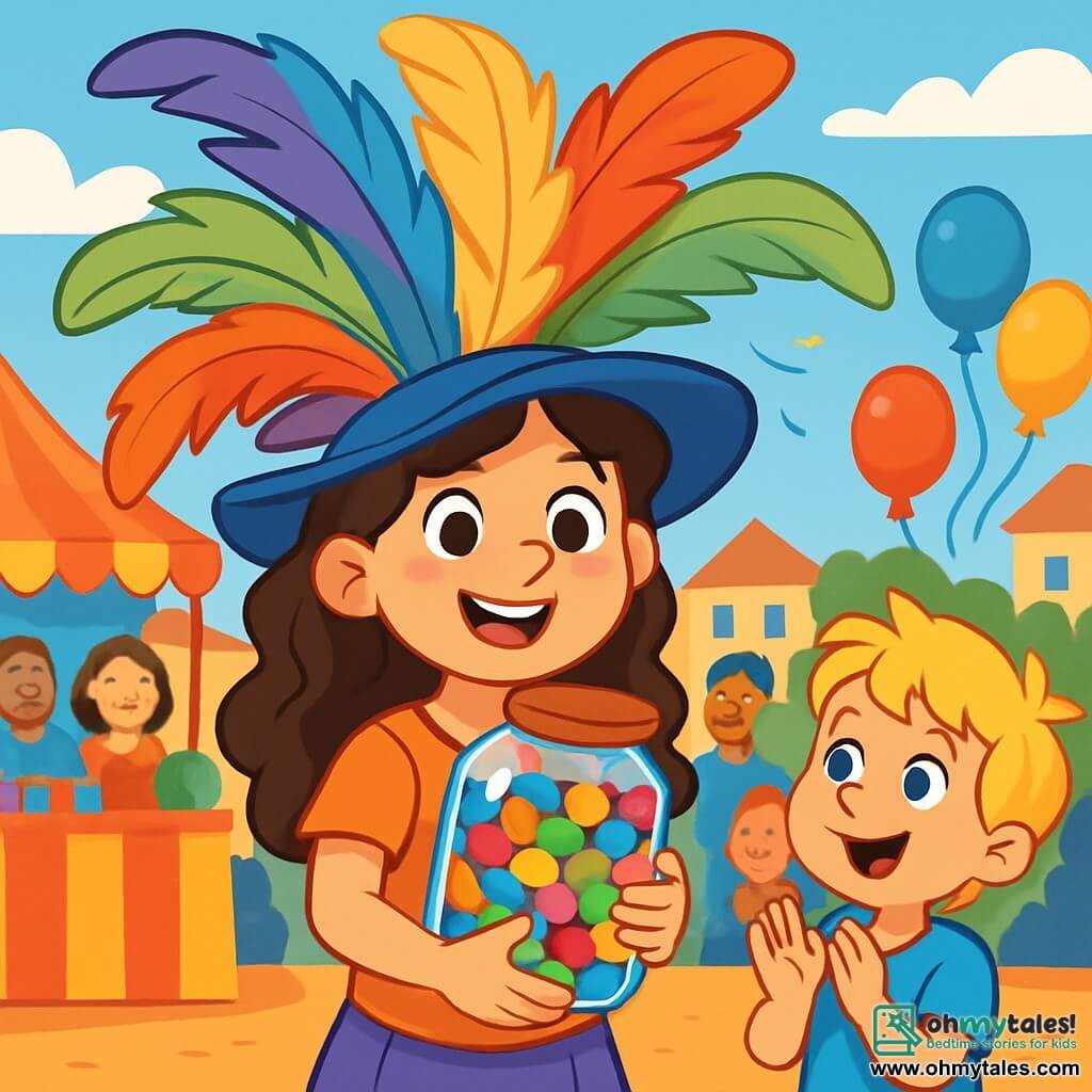 An 8-year-old girl, Lila, with big brown curls and sparkling joyful eyes, stands at the center of the scene, wearing a huge hat made of colorful feathers that tilts slightly to the side. She proudly smiles, her cheeks flushed with excitement, while holding a jar filled with multicolored jellybeans in her arms. Next to her, her 5-year-old little brother Max, with messy blonde hair and a look of wonder, enthusiastically claps, his eyes wide in awe of his sister's extravagant hat. In the background, the vibrant village square is filled with colorful stalls, floating balloons, and smiling spectators, all captivated by the challenge. The scene shows Lila, radiating happiness, ready to receive her prize, while a gentle breeze makes the feathers of her hat dance, creating a festive and joyful atmosphere.