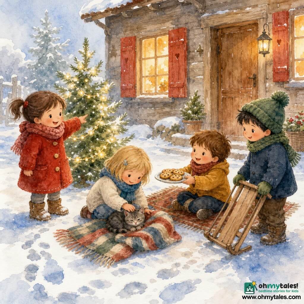Four 3-year-old children stand together by a lit pine tree in a snowy courtyard in front of a small wooden house with red shutters: Mia, brown pigtails in a red coat with large buttons, stands left near the small lit tree pointing at a branch with a delighted smile; Ana, short blonde hair and a blue scarf, crouches center petting a grey kitten curled on a large striped scarf; Ben, tousled black hair and a green pompom hat, stands right holding a small wooden sled tilted forward; Sam, chestnut hair in a mustard jacket, sits on a wool rug by the door offering a plate of shared cookies to Ana and Mia. Warm golden light spills from the windows, powdery snow and swirling flakes, a decorated tree with yellow garlands, snaking footprints, joyful expressions, calm cozy atmosphere with soft blues, warm reds, fir greens and touches of gold.