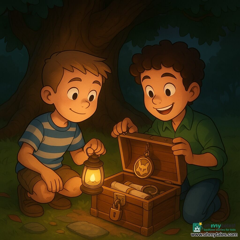 Two boys: about 11-year-old with light brown crew-cut hair, blue-and-white striped t-shirt, khaki shorts and slightly dirty knees, crouched left of a wooden chest holding a small glass lantern that softly lights their faces; and about 10-year-old with curly brown hair, rolled-sleeve green shirt, jeans and a broad smile, right of the chest holding the lid open to show a fox-shaped medallion inside. Scene at the base of a huge hollow oak with fissured bark and gnarled roots forming a circle, dark green leaves filtering evening light, mown grass with a few leaves and red ribbons around, and a flat mossy sliding stone near the chest. They discover a small wooden chest with brass fittings containing rolled parchments, a brass compass and a fox charm; warm lantern light contrasts with the cool dusk air, expressions of wonder, intimate adventurous atmosphere.