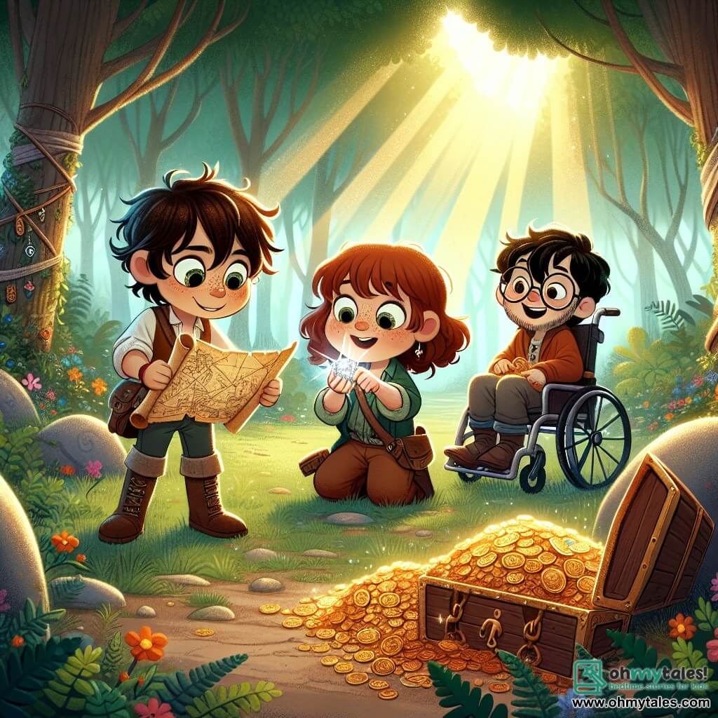 In an enchanted clearing, three little adventurers stand at the center of the image. Oliver, a 10-year-old boy with messy brown hair and sparkling eyes, examines an ancient map with a determined look. To his right, Mia, a 9-year-old girl with curly red hair and freckles, holds a sparkling jewel, amazed by its beauty. On the left, Jake, a 10-year-old boy with brown hair wearing glasses, sits in his wheelchair, smiling and pointing at an open treasure chest filled with gold coins and jewels. The clearing is surrounded by tall trees with thick trunks, their green leaves forming a natural canopy. Sunlight filters through the branches, illuminating the scene with a soft golden light. Colorful flowers and ferns on the ground add a touch of magic to this secret place. The three friends discover hidden treasure in an ancient chest, surrounded by stones engraved with mysterious runes, and their faces shine with excitement and curiosity as they prepare to explore this new world full of promises.