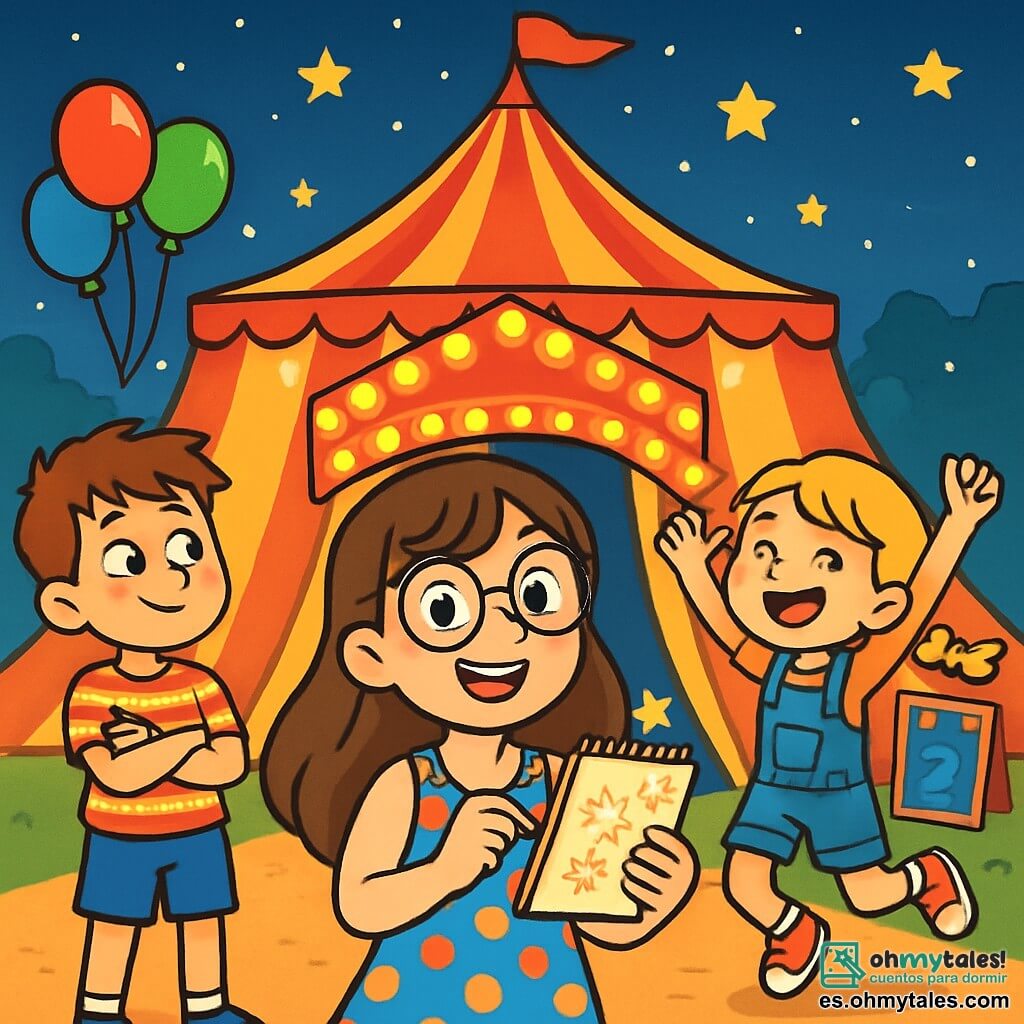 Hay 4 niños: - Martina: una niña de 10 años con cabello largo y castaño y gafas redondas. Lleva un vestido colorido con lunares y sostiene un pequeño cuaderno donde dibuja estrellas. Ella está en el centro, sonriendo y llena de energía. - Diego: un niño de 9 años con cabello corto y desordenado. Lleva una camiseta a rayas y un pantalón corto azul. Está a la izquierda de Martina, con los brazos cruzados, mirando el gran circo con ojos maravillados. - Luna: una niña de 8 años con trenzas rubias. Lleva un overol de mezclilla y zapatillas rosas. Está a la derecha de Martina, saltando de emoción. - Nico: un niño de 9 años con gafas y cabello castaño. Lleva una sudadera verde y pantalones negros. Está un poco detrás, observando la gran carpa con curiosidad. El lugar es un circo ambulante lleno de colores, con una carpa a rayas roja y amarilla que se eleva majestuosamente bajo un cielo estrellado. Luces brillantes decoran la entrada y hay carteles de espectáculos coloridos alrededor. Globos flotan en el aire y el olor a palomitas y algodón de azúcar impregna la alegre atmósfera. La historia muestra a los niños frente a la gran carpa, listos para entrar al circo. Martina, con su cuaderno, sugiere dar nombres a las luces que brillan sobre ellos, mientras sus amigos ríen e imaginan una aventura mágica en el corazón del circo.