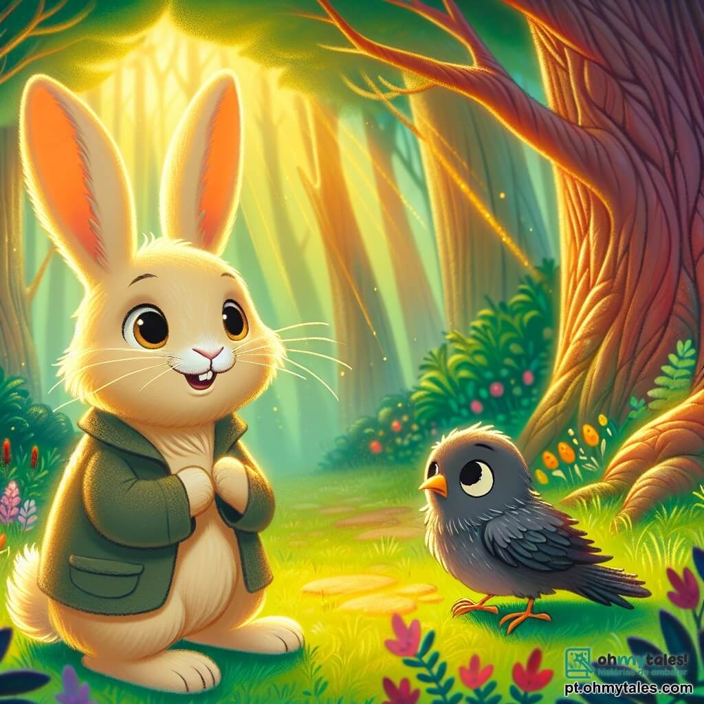 Um coelho chamado Tobias, com pelagem suave e sedosa de cor creme, grandes orelhas caídas e olhos brilhantes de curiosidade, está de pé sobre suas patas traseiras, com um sorriso alegre no rosto, pronto para a aventura. Ao seu lado, uma pequena corvo chamada Olívia, com penas marrons e olhos redondos, está em um galho baixo, com uma expressão preocupada mas determinada, olhando para Tobias com esperança. A cena se passa em uma floresta encantada, onde grandes árvores de troncos retorcidos se erguem em direção ao céu, suas folhas verdes brilham sob os raios do sol, e flores coloridas cobrem o chão. Raios de luz filtram-se através das folhagens, criando uma atmosfera mágica e acolhedora. Tobias e Olívia se preparam para partir em busca da pena mágica perdida de Olívia, enquanto a brisa suave faz as folhas dançarem ao redor deles, acrescentando um toque de mistério à sua busca.