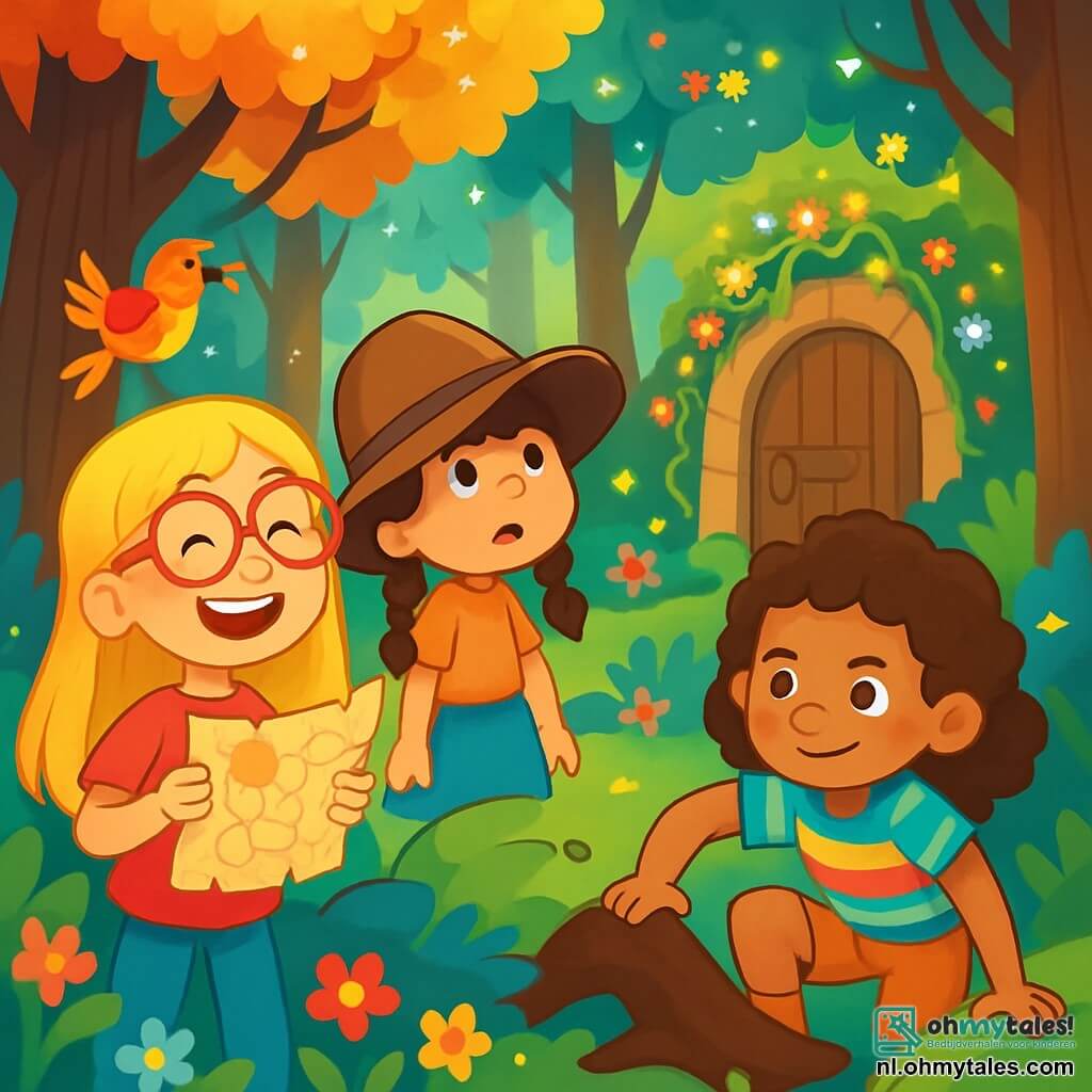 Er zijn 3 personages: - Roos: een 8-jarig meisje met lang blond haar en een grote rode bril die vaak van haar neus glijdt. Ze glimlacht vrolijk terwijl ze een oude schatkaart vasthoudt. - Lila: een 7-jarig meisje met een te grote hoed die over haar ogen valt. Ze heeft bruin gevlochten haar en kijkt nieuwsgierig naar een grote boom. - Fleur: een 8-jarig meisje met krullend haar en een kleurrijk t-shirt, die opstaat nadat ze over een wortel is gestruikeld. Ze heeft een vastberaden blik op haar gezicht. De drie vriendinnen bevinden zich in een betoverd bos met hoge, majestueuze bomen en glinsterende bladeren in felle kleuren. Multicolore bloemen groeien om hen heen, en vogels met schitterende veren zingen in de takken. In de verte is een grote houten deur in een heuvel te zien, omringd door lianen en stralende bloemen. De hoofdsetting van het verhaal toont de drie vriendinnen die op avontuur zijn, klaar om de mysterieuze deur te openen die naar een verborgen schat leidt, met blije en opgewonden gezichten.