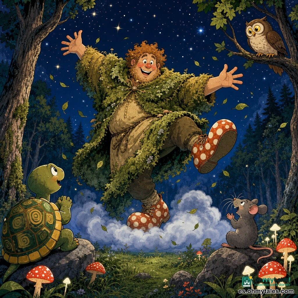Un enorme y alegre gigante de mejillas rojas y cabello rizado desordenado, sonrisa amplia y ojos brillantes, con grandes zapatos de lunares y una capa de musgo, baila equilibrado sobre una nube baja, brazos abiertos y movimiento espiral; la tortuga Chispa, sobre una piedra en primer plano, con caparazón brillante amarillo y verde, mira asombrada y feliz; el ratón Mico, en una roca cercana, con bigotes alerta, aplaude; el búho Cocoliso, en una rama encima, observa con cabeza inclinada; claro del bosque nocturno con hierba verde, hongos rojos y blancos luminosos, troncos texturados, hojas que giran y estrellas brillantes en cielo índigo; escena amplia estilo cómic europeo, colores vivos, líneas nítidas, iluminación suave, movimiento dinámico con la nube giratoria y pequeñas chispas de luz.