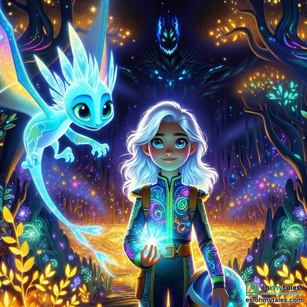 En el centro de la imagen, Ariel, una joven exploradora de catorce años, se presenta con determinación. Tiene cabello plateado que brilla como estrellas y ojos azul océano, reflejando su valentía. Lleva un traje espacial colorido, adornado con patrones luminosos, y sostiene un Cristal de Luz brillante en sus manos, iluminando su rostro con un resplandor cálido. A su lado, Zorak, un pequeño holograma en forma de dragón, flota alegremente. Sus escamas son de un azul brillante, y sus ojos destilan sabiduría. Sonríe, animando a Ariel en su búsqueda. En el fondo, la escena se desarrolla en el planeta Lumina, donde árboles brillantes con hojas doradas se elevan hacia un cielo estrellado. Luces bailan a su alrededor, creando una atmósfera mágica. Ariel se prepara para enfrentar a la Reina de las Sombras, que se encuentra en la sombra de un gran palacio de obsidiana, con una expresión amenazante. La tensión es palpable mientras la luz del Cristal ilumina la escena, simbolizando la esperanza y el coraje ante la oscuridad.