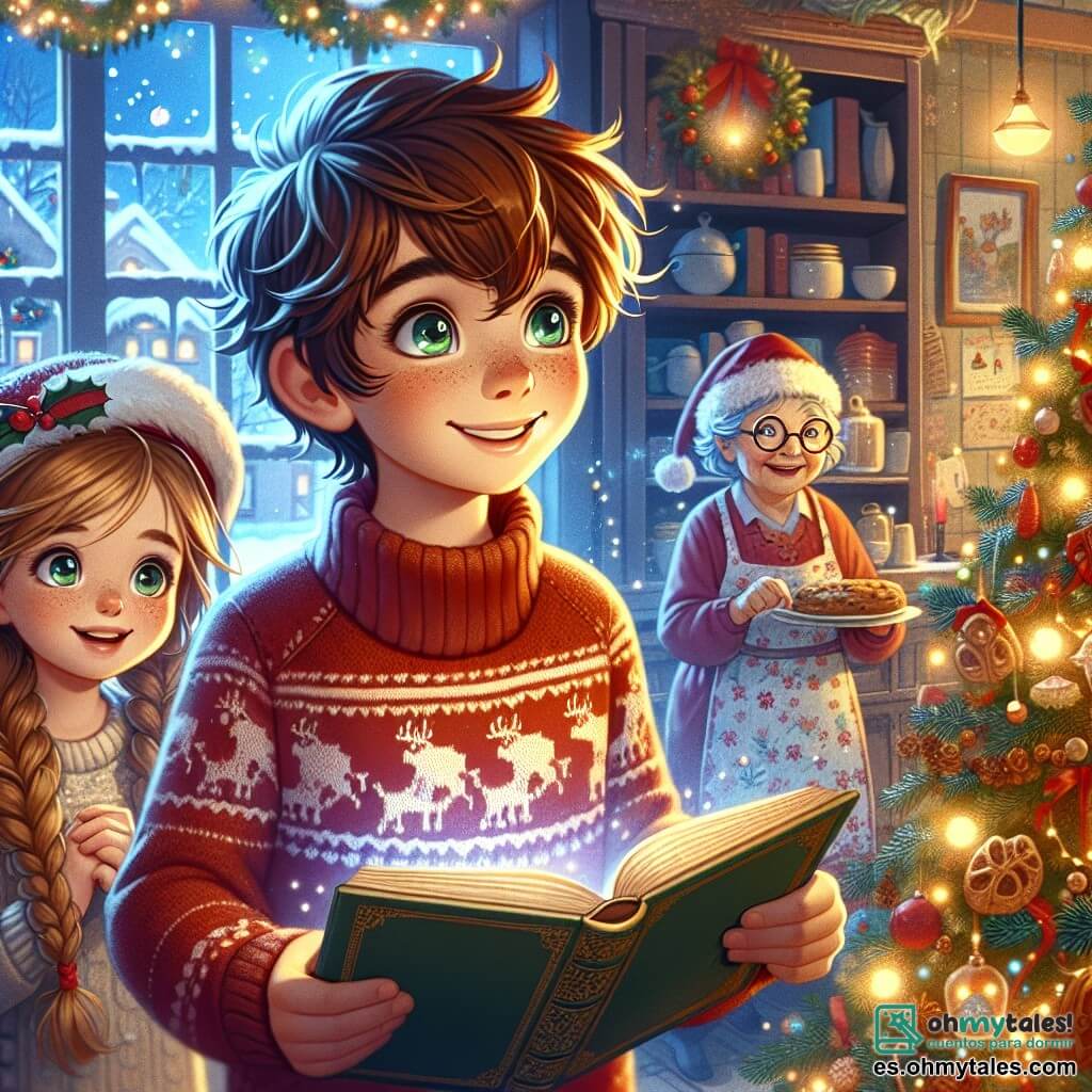 Un niño de 11 años, Lucas, con cabello castaño y ojos llenos de curiosidad, está frente a un gran árbol de Navidad decorado con guirnaldas brillantes y bolas de colores. Lleva un suéter rojo con un diseño de reno y muestra una sonrisa maravillada, sosteniendo un libro de cubiertas doradas en sus manos. A su lado, su hermana pequeña Clara, de 7 años, con largas trenzas rubias y un gorro navideño, observa con fascinación las decoraciones del árbol, con los ojos brillantes de emoción. Su abuela, una mujer mayor con gafas redondas y un delantal floral, está en la cocina de fondo, preparando pasteles de Navidad, con una cálida sonrisa en el rostro. La escena tiene lugar en una sala acogedora, llena de luces suaves y decoraciones festivas, con copos de nieve visibles a través de la ventana. La chimenea crepita suavemente, añadiendo un ambiente cálido. Lucas, maravillado por la magia de la Navidad, hojea el libro misterioso que encontró, listo para descubrir las aventuras que le esperan, mientras el espíritu navideño flota alegremente en el aire.