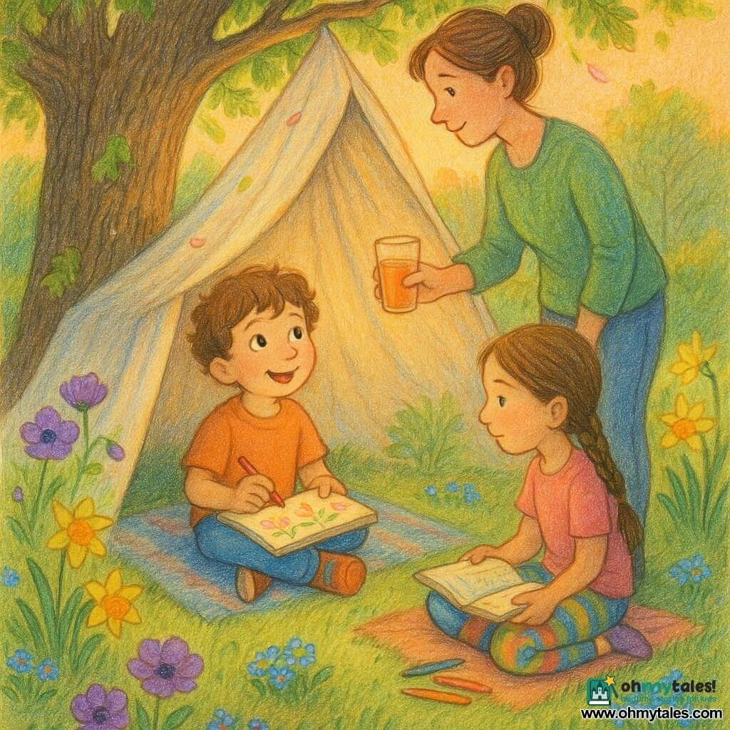 A warm twilight scene: a round-faced 6-year-old boy with curly light-brown hair and bright eyes sits inside a sheet fort under a large oak, drawing flowers in a notebook on his lap while his ~35-year-old mother with hair in a bun stands at the fort entrance offering a glass of juice and his ~9-year-old sister with long braided hair sits nearby on a blanket with a coloring book; the green lawn is dotted with dewy grass, purple anemones, yellow daffodils and small blue flowers, new oak leaves filtering golden light and a few petals drifting onto the fort.