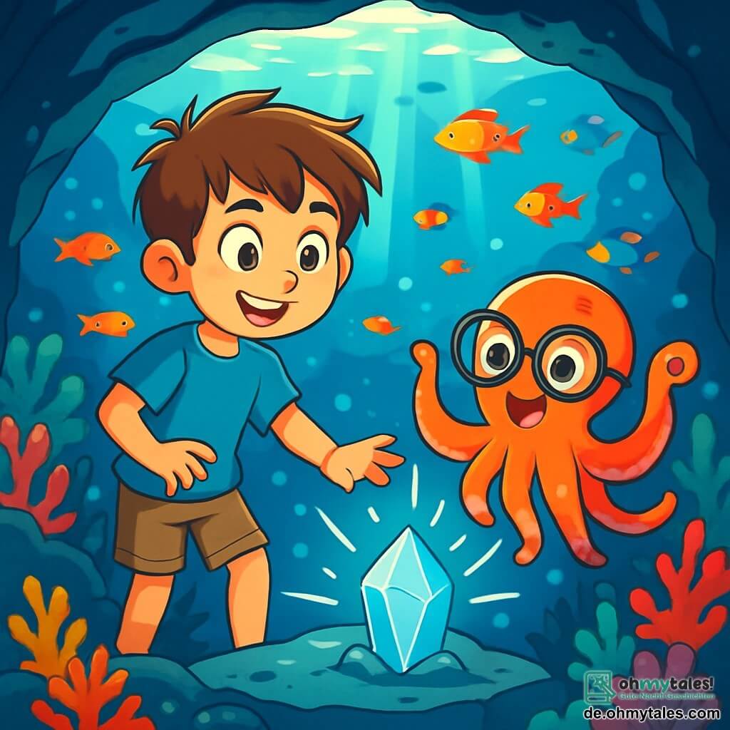 Ein 10-jähriger Junge namens Finn mit zerzausten braunen Haaren und neugierigen, funkelnden Augen steht am Rand einer Unterwasserhöhle. Er trägt ein blaues T-Shirt und eine Stoffshorts, und sein Gesicht zeigt eine Mischung aus Aufregung und Staunen. Neben ihm schwebt ein kleiner Oktopus namens Otto, der eine große runde Brille und bunte Tentakeln hat, fröhlich im klaren Wasser, lächelnd und bereit, ihn auf dem Abenteuer zu begleiten. Der Ort ist eine wunderschöne Unterwasserhöhle mit schimmernden Korallenwänden und bunten Fischen, die um sie herum schwimmen, beleuchtet von Lichtstrahlen, die durch die Wasseroberfläche filtern. Finn entdeckt einen geheimnisvollen leuchtenden Kristall, der Lichtstrahlen ausstrahlt, während Otto ihn begeistert anfeuert, was eine magische und abenteuerliche Atmosphäre schafft.