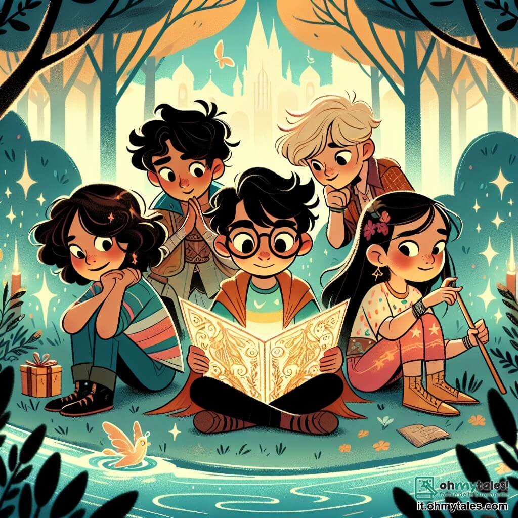 In una foresta incantata, quattro amici sono insieme: 1. **Luca**, un ragazzo di 10 anni con capelli ricci e occhiali tondi, guarda con meraviglia una mappa magica che tiene in mano. 2. **Giulia**, una ragazza di 9 anni con lunghi capelli castani, indossa un'armatura scintillante e mostra un sorriso determinato, pronta ad avanzare. 3. **Marco**, un ragazzo di 10 anni con capelli biondi disordinati e una maglietta colorata, è chinato in avanti, riflettendo su una soluzione, con un'espressione concentrata. 4. **Sara**, una ragazza di 8 anni con capelli lisci e neri, usa il suo bastone magico per ascoltare il sussurro del vento, con gli occhi chiusi, circondata da una dolce luce. Si trovano accanto a un ruscello scintillante, circondati da alberi con foglie dorate e fiori multicolori che danzano nella brezza. La scena principale mostra gli amici che discutono con un gufo dorato che ha appena portato loro un messaggio misterioso, mentre una luce magica illumina la scena, creando un'atmosfera di avventura e mistero.