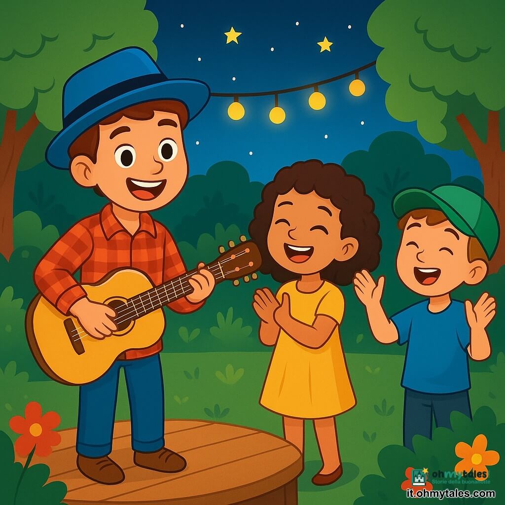 Un giovane, Luca, è in piedi su un piccolo palco di legno, con un grande sorriso. Indossa un cappello blu e una camicia a quadri rossi, tenendo in mano una chitarra color miele. I suoi occhi brillano di eccitazione per la musica. Accanto a lui, una bambina di circa 8 anni, con i capelli ricci e un vestito giallo, applaude al ritmo della musica, il suo volto radioso di felicità. Un ragazzo di 7 anni, con un cappellino verde e una maglietta blu, si trova proprio dietro di lei, cantando con entusiasmo. La scena è ambientata in un parco verde, circondato da alberi e fiori colorati, con luci soffuse che creano un'atmosfera accogliente. Luca canta una canzone gioiosa, invitando i bambini a cantare e a battere le mani con lui, creando una bella armonia di risate e musica sotto il cielo stellato.