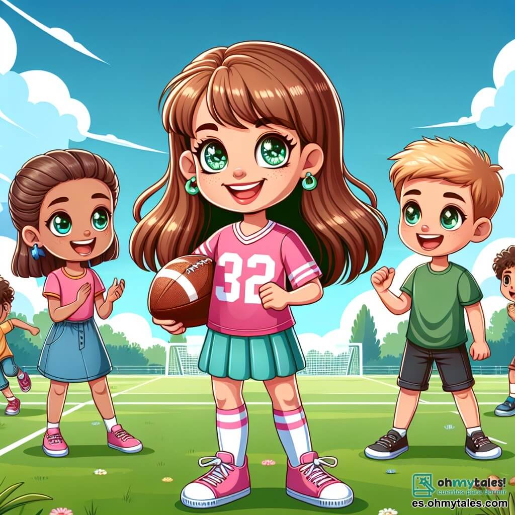 Una niña de 12 años, llamada Sofía, está en el centro de la imagen, con cabello rizado castaño y ojos brillantes de determinación. Lleva un uniforme de fútbol rosa y un pantalón corto azul, sonriendo con entusiasmo, lista para jugar. A su derecha, Diego, un niño de 12 años con cabello corto y rubio, mira a Sofía con admiración, sosteniendo un balón de fútbol bajo el brazo. Viste una camiseta verde y un pantalón corto negro, mostrando una sonrisa amigable. A la izquierda, Clara, una niña de 12 años con cabello largo y liso, vestida con una camiseta amarilla y un pantalón corto de mezclilla, aplaude alegremente, animando a Sofía. El escenario es un gran campo de deportes al aire libre, con un cielo azul brillante y algunas nubes blancas. Árboles verdes bordean el campo, y niños juegan al fondo, creando un ambiente alegre y dinámico. La situación principal muestra a Sofía y sus amigos preparándose para jugar al fútbol, simbolizando la igualdad de género y la inclusión, con expresiones de felicidad y emoción en sus rostros.