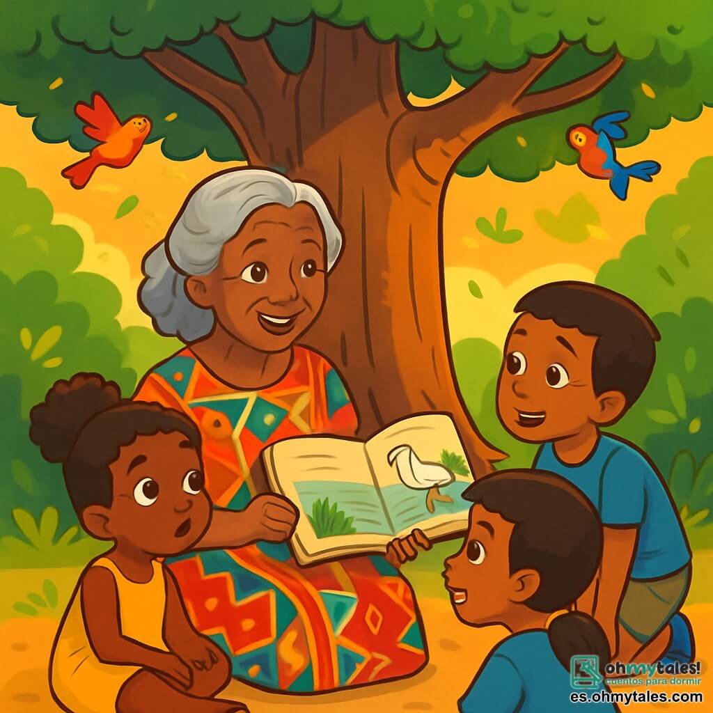 Kadia, una mujer mayor con cabello plateado como hilos de luna, se encuentra bajo el gran baobab. Su rostro refleja sabiduría y dulzura, y sus ojos brillan con un cálido resplandor mientras cuenta una historia a los niños. Lleva un vestido de tela colorida, adornado con patrones africanos vibrantes, y una sonrisa benevolente ilumina su cara. Alrededor de ella, varios niños de 6 a 10 años escuchan atentamente. Una niña de cabello rizado, vestida con un vestido amarillo, está sentada en posición de loto, con los ojos muy abiertos de curiosidad. Un niño de unos 8 años, con una camiseta azul y pantalones cortos, se inclina hacia adelante, cautivado por las palabras de Kadia. El lugar es un claro bañado en luz dorada, rodeado de exuberante vegetación. El majestuoso baobab extiende sus ramas como brazos protectores, mientras que aves coloridas cantan entre las hojas. La escena principal muestra a Kadia narrando una fábula sobre el río y la garza, con una suave brisa que hace bailar las hojas a su alrededor. Los niños están fascinados, pendientes de los labios de la sabia, mientras el sol poniente proyecta sombras suaves sobre el suelo.