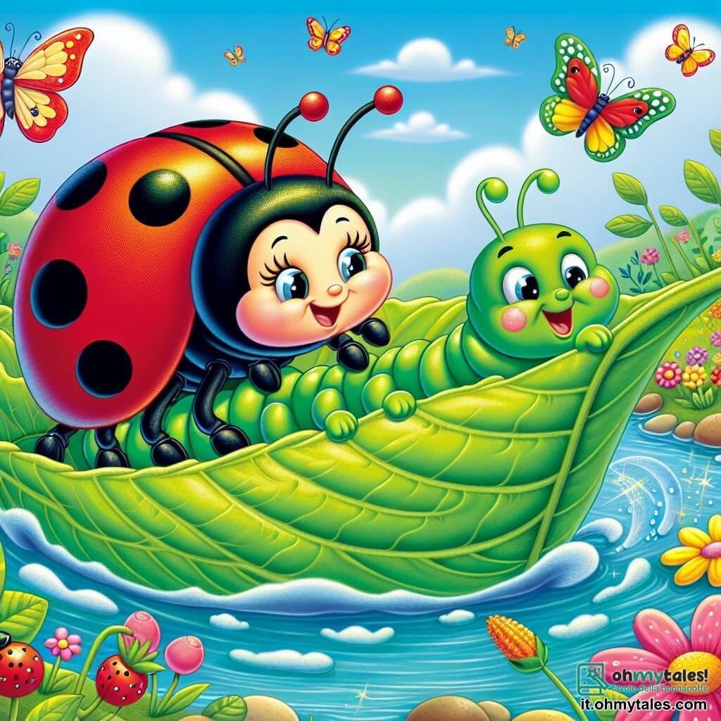 Una piccola coccinella di nome Lucia, con ali rosse brillanti e puntini neri lucenti, vola gioiosamente sopra una foglia verde, il suo viso radioso di felicità ed eccitazione. Accanto a lei, un piccolo bruco di nome Bruno, con un corpo verde morbido e occhi curiosi, spinge con determinazione la foglia-barca, sorridendo con entusiasmo. Sullo sfondo, un ruscello scintillante serpeggia attraverso un prato fiorito, pieno di fiori colorati e farfalle danzanti. La scena mostra Lucia e Bruno in piena avventura, pronti a navigare sull'acqua nella loro barca improvvisata, circondati dalla bellezza della natura.