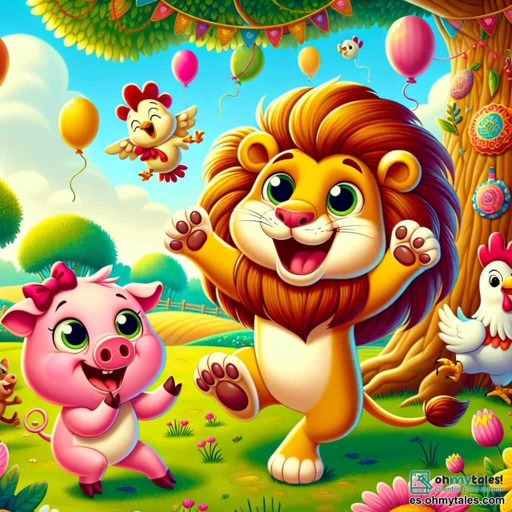 Un león llamado Leo, con una melena dorada y ojos brillantes de alegría, baila alegremente bajo un gran árbol, con las patas levantadas en el aire y una amplia sonrisa en su rostro. A su lado, una pequeña cerdita rosa llamada Rosa, con mejillas redondas y un lazo rojo en la cabeza, aplaude riendo, mientras un gallo llamado Pollo, con plumas coloridas, intenta bailar imitando a Leo, pero termina cayendo de espaldas, lo que hace reír a todos. El escenario es una hermosa granja soleada, con campos verdes, flores coloridas y un cielo azul salpicado de nubes blancas y esponjosas. La escena muestra a Leo y sus amigos en plena fiesta, rodeados de globos coloridos y guirnaldas, todos divirtiéndose juntos en un ambiente alegre y festivo.