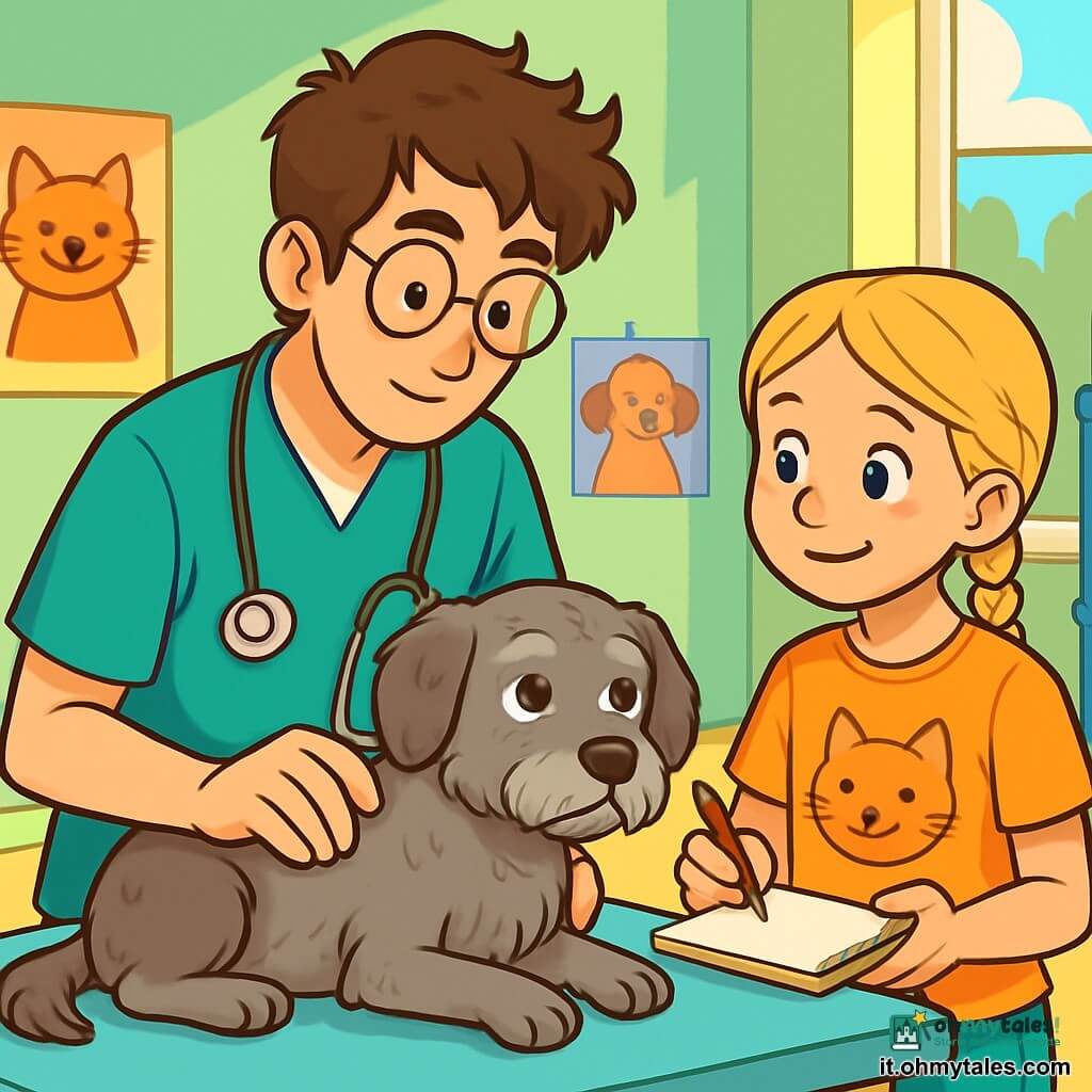 Un veterinario uomo, di circa trenta anni, con capelli castani disordinati e occhiali tondi, si trova in una clinica veterinaria luminosa. Il suo viso esprime concentrazione e benevolenza mentre esamina un piccolo cane anziano, con il pelo grigio e gli occhi dolci, sdraiato su un tavolo di esame. Accanto a lui, una ragazza di 10 anni, con capelli biondi intrecciati e una maglietta con un motivo di gatto, osserva con curiosità. Tiene un quaderno da disegno, pronta a catturare il momento. La clinica è piena di colori vivaci: pareti dipinte di verde pastello, manifesti di animali sorridenti e giocattoli sparsi sul pavimento. La situazione principale mostra il veterinario che rassicura il cane anziano, parlandogli dolcemente, mentre la piccola, affascinata, prende appunti nel suo quaderno, catturando la magia di questo momento di cura e compassione.