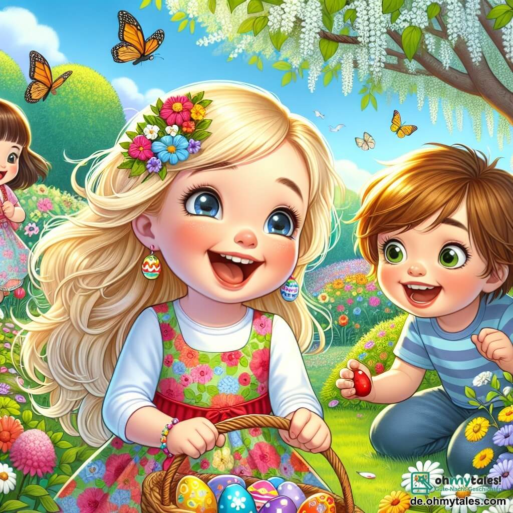 Ein 3-jähriges Mädchen, Leni, mit langen blonden Haaren und strahlenden Augen steht im Mittelpunkt des Bildes. Sie trägt ein buntes Blumenkleid und lächelt breit, während sie einen Korb mit bunten Ostereiern hält. Neben ihr schaut ihre beste Freundin Lara, ebenfalls 3 Jahre alt, mit braunen Haaren und Zöpfen, fasziniert auf ein rotes Ei, das sie gerade gefunden hat, ihre Augen leuchten vor Überraschung. Etwas weiter kniet Max, ein 4-jähriger Junge mit braunen Haaren und runden Brillen, konzentriert, um ein hinter einem Busch verstecktes Ei zu suchen. Die Szene spielt in einem strahlenden Frühlingsgarten, voller bunter Blumen, flatternden Schmetterlingen und einem klaren blauen Himmel. Im Hintergrund spendet ein großer Baum Schatten, und Vögel singen fröhlich in den Ästen. Die Hauptsituation zeigt Leni und ihre Freunde bei der Ostereiersuche, lachend und spielend, umgeben von der Schönheit des Gartens, was eine fröhliche und festliche Atmosphäre schafft.