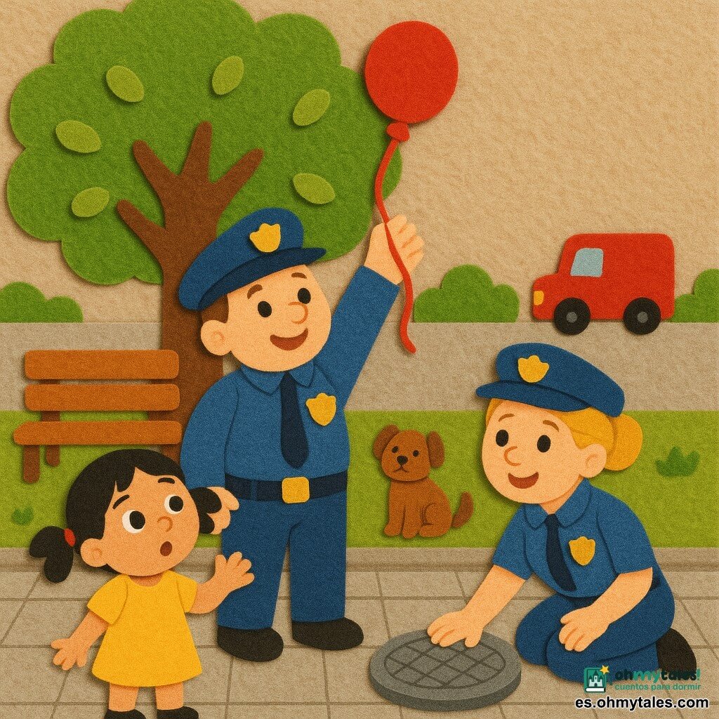 Un policía sonriente y amable, rostro redondo, cabello corto castaño y gorra azul, con uniforme limpio y placa brillante, estira el brazo para coger un hilo de globo rojo; a su izquierda, una niña de unos 5 años con coletas negras y vestido amarillo, ojos grandes asombrados, mira al policía; a la derecha, una compañera policía de unos 30 años, rubia recogida en moño, de rodillas colocando una tapa de alcantarilla y sonriendo. La plaza adoquinada tiene un gran árbol de hojas redondas, un banco de madera, un perro pequeño marrón junto al banco y un camión rojo al fondo. La escena muestra al policía recuperando el globo rojo de las ramas bajas mientras su colega recoloca la tapa; colores vivos, formas simples y siluetas expresivas para un felt board.