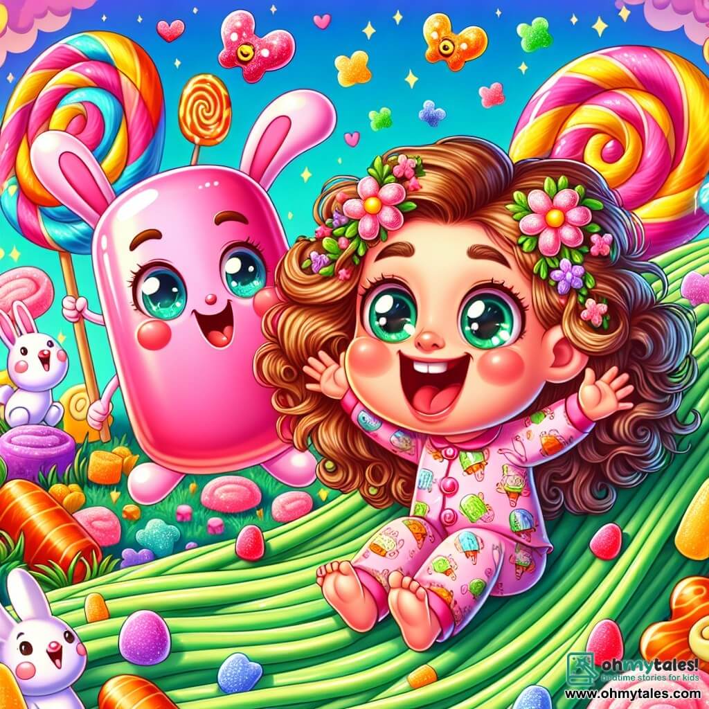 A 4-year-old girl with sparkling big eyes and curly hair smiles in wonder. She is wearing a pink pajama with bunnies and carrots and is sitting on a marshmallow cushion, surrounded by bright colors. Next to her, a large jellybean-shaped candy named Jim is joyfully bouncing, with a smiling face and open arms. The setting is a fantastical world filled with lollipop trees, gummy bear flowers, and gently waving green spaghetti grass. The girl and Jim are about to slide down a spaghetti slide, laughing heartily, while a sparkling spoon, the Silly Spoon, watches them with a big smile, ready to join them on their adventure.