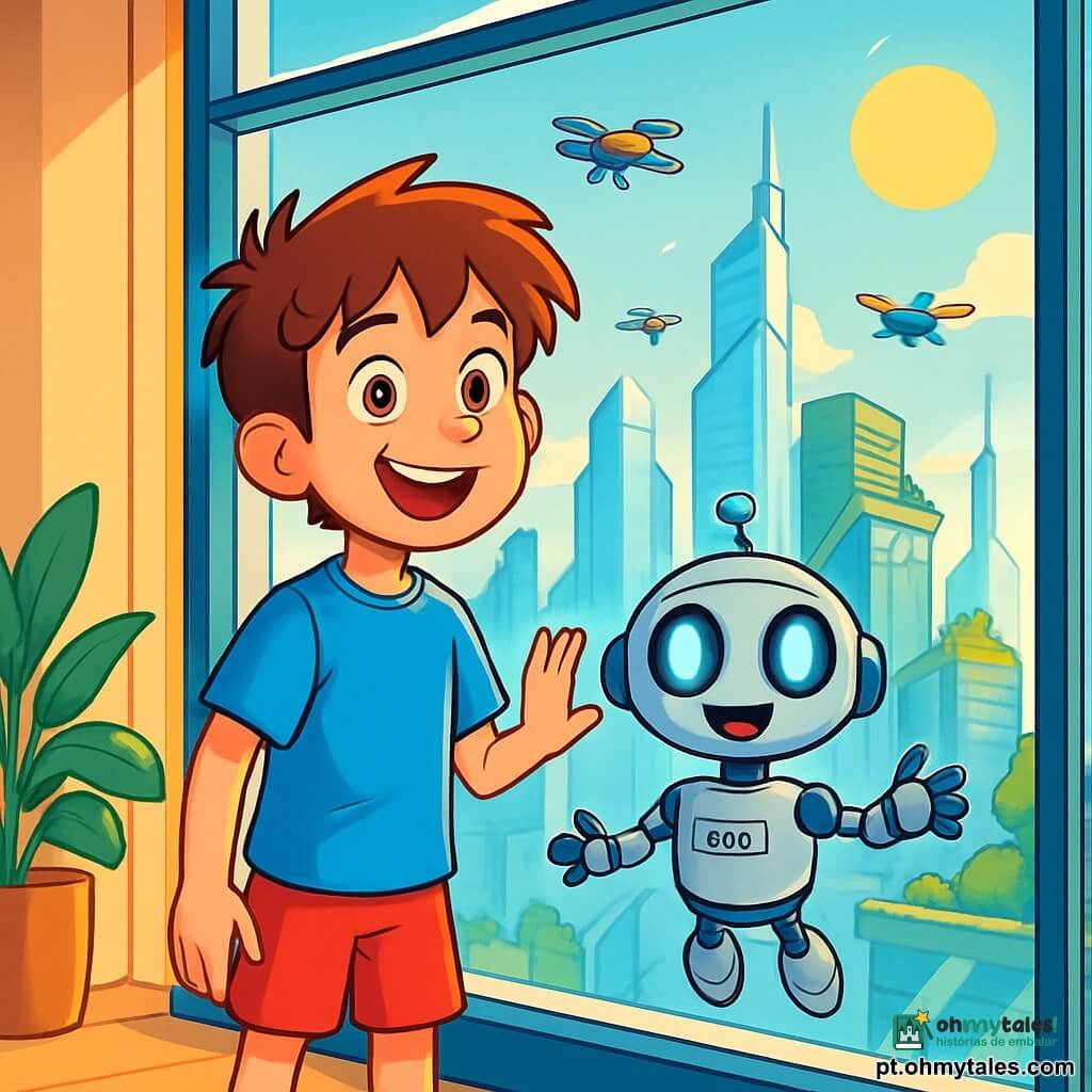 Um garoto de 12 anos, Miguel, com cabelos castanhos bagunçados e olhos brilhantes de curiosidade, está em frente a uma imensa janela panorâmica. Ele usa uma camiseta azul vibrante e um short vermelho, exibindo um sorriso entusiasmado. Ao seu lado, um pequeno robô chamado Tico, com corpo prateado e olhos luminosos, flutua alegremente, suas luzes piscando em sintonia com a empolgação de Miguel. A cena acontece em um apartamento futurista no 43º andar, com paredes de vidro transparente que oferecem uma vista espetacular de uma cidade vibrante com arranha-céus cintilantes, jardins suspensos e drones coloridos no céu azul. Miguel e Tico contemplam a cidade, prontos para uma aventura no laboratório de realidade aumentada, enquanto raios de sol filtram pelas janelas, iluminando o ambiente com uma luz dourada e acolhedora.