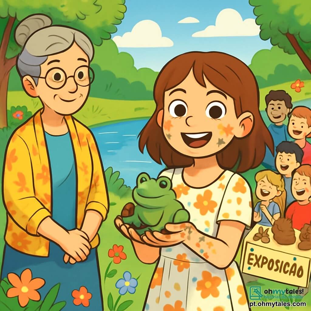 Uma menina de 12 anos, Sofia, está à beira de um lago cintilante, com os olhos brilhando de confiança e alegria. Ela tem cabelos castanhos, levemente ondulados, e veste um vestido leve com flores; suas mãos estão manchadas de tinta e terra, evidenciando sua criatividade. Ela sorri amplamente, segurando uma pequena escultura de rã de argila. Ao lado dela, uma mulher de cerca de 50 anos, Dona Leonor, a diretora da escola, observa com um sorriso gentil. Ela tem cabelos grisalhos presos em um coque e usa óculos redondos, vestindo uma blusa colorida. O cenário é um jardim vibrante, cercado por árvores frondosas, com flores coloridas dançando ao vento. O lago reflete o céu azul e as nuvens brancas, criando uma atmosfera tranquila e inspiradora. Sofia orgulhosamente apresenta suas esculturas em uma exposição escolar, cercada por colegas curiosos que admiram seu trabalho. O ar está cheio de excitação e camaradagem, enquanto as crianças trocam elogios e risadas, celebrando juntas a criatividade e a autoconfiança.