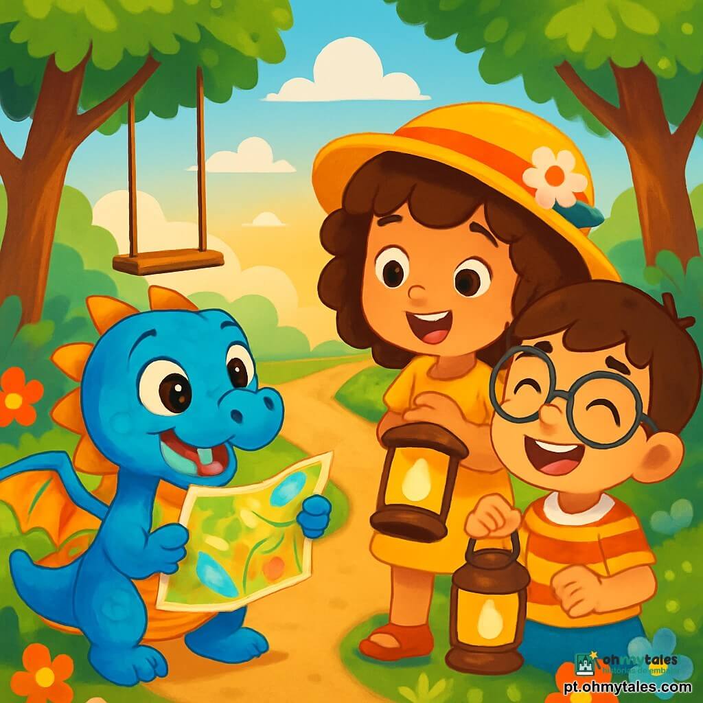 Um pequeno dragão azul, chamado Pipo, com escamas brilhantes e olhos curiosos, sorri entusiasticamente enquanto segura um mapa colorido com suas pequenas patas. Ele está em um caminho de terra ladeado por flores coloridas, pronto para a aventura. Ao seu lado, Ana, uma menina de cabelos cacheados e chapéu florido, observa Pipo com admiração, seus olhos brilhando de alegria. Guga, seu irmão, um garoto de óculos redondos e camisa listrada, ri enquanto segura uma lanterna que brilha à luz do sol poente. O cenário é uma clareira encantada, cercada por árvores de folhas verdes vibrantes e um céu azul salpicado de nuvens brancas e fofas. No centro, um grande balanço de madeira pende de um galho, convidando à diversão. A cena mostra Pipo e seus amigos, prontos para explorar o caminho mágico que os levará a uma aventura inesquecível, cheia de risos e descobertas.