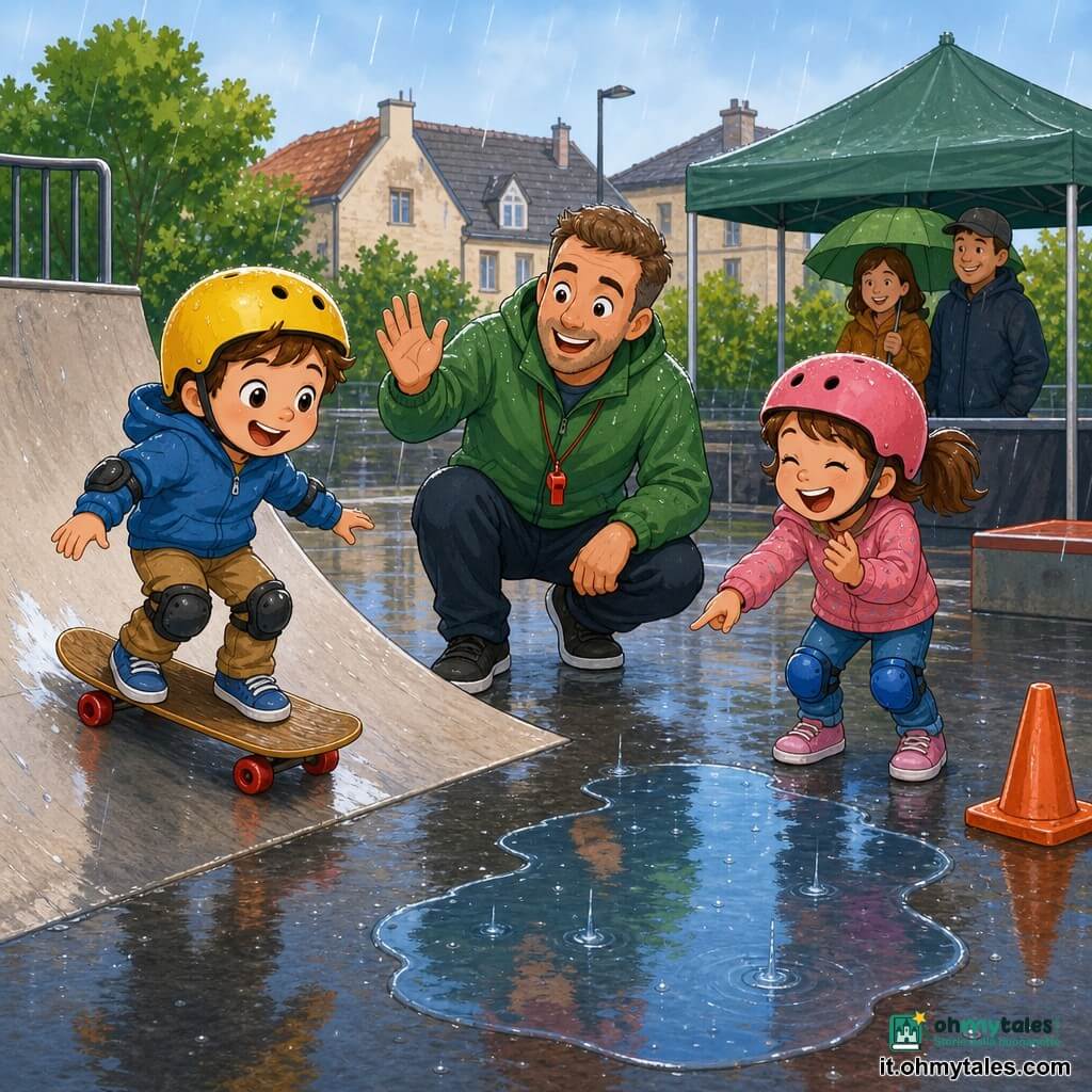 Ci sono tre personaggi: Nico, 5 anni, casco giallo lucido, capelli castani, viso rotondo e sorridente, a sinistra mentre scende lentamente una piccola rampa con lo skateboard di legno dalle ruote rosse che lascia tracce umide; Sara, 5 anni, casco rosa opaco, ginocchiere blu, coda corta, occhi ridanciani, a destra che applaude e indica una piccola pozzanghera; Marco, l’allenatore di circa 35 anni, pelle chiara, capelli corti, giacca impermeabile verde e fischietto, è al centro, accovacciato e incoraggiante; luogo: piccolo skate park di quartiere sotto una pioggia fine con asfalto liscio e lucido che riflette, rampe di cemento, due coni arancioni sulla pista, una pozzanghera ben visibile vicino a un cono e una piccola copertura sullo sfondo dove due adulti tengono un ombrello verde; atmosfera dinamica e calda, colori vivaci, espressioni rassicuranti.