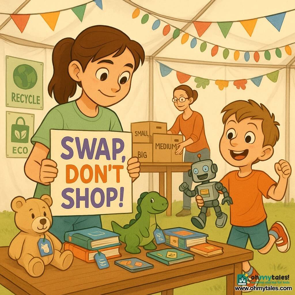 A smiling but focused 10-year-old girl, Maya, with brown hair in a ponytail and bright hazel eyes, wearing a light green T-shirt and jeans, holds a colorful "SWAP, DON'T SHOP!" sign and tidies toys on a table; a playful ~6-year-old boy, Leo, with short light brown hair, stands beside her holding a robot missing an arm and bouncing on his toes; Mrs. Carter, a 30–40-year-old teacher with her hair up and thin glasses, smiles while organizing cardboard boxes labeled "SMALL / MEDIUM / BIG" behind them; the scene is inside an open white festival tent with colorful banners, wooden tables, paper garlands, eco-posters, and grass visible around, showing a lively toy-swap booth where children and parents exchange plush toys, books and games under soft late-afternoon light.