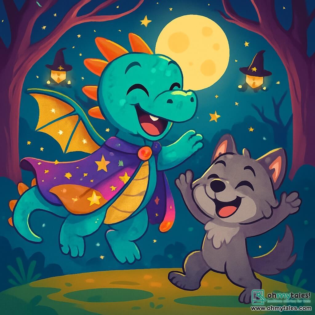 A small dragon named Flutter, with shimmering turquoise scales and shiny wings, joyfully floats in the air with a big smile on his face. He wears a multicolored cape adorned with stars and clouds, sparkling under the moonlight. Beside him, a small werewolf named Milo, with gray fur and sparkling eyes of joy, raises his arms in laughter, his tail wagging with excitement. In the background, an enchanted forest with twisted trees and sparkling branches, illuminated by fireflies wearing witch hats, creates a magical atmosphere. The scene shows Flutter and Milo happily dancing together, surrounded by laughter and lights, celebrating the spirit of Halloween in a festive and friendly atmosphere.