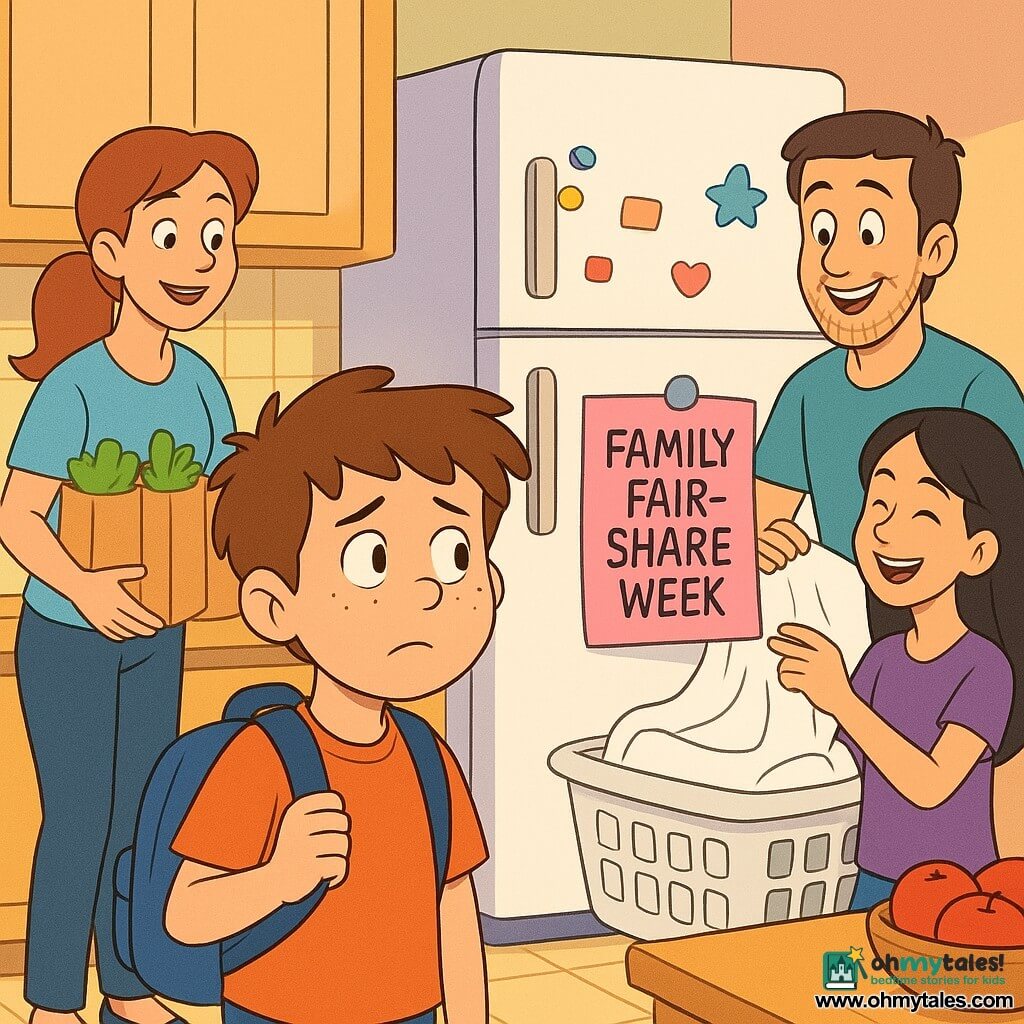 Max is an 8-year-old boy with a round freckled face and messy brown hair, curious but slightly nervous, holding a blue backpack and looking at a colorful note on the white fridge; the mother, ~35, long chestnut hair in a ponytail, smiles while placing grocery bags on the counter to the left; the father, ~37, with light beard, awkwardly amused, holds a white laundry basket and tries to fold a sheet at the right behind the table; Lina, ~14, with straight black hair, laughs softly beside the father showing how to fold the sheet. The bright warm kitchen has pale yellow tiles, a fridge covered in stickers and a large pink note reading “Family Fair-Share Week,” a light wood table with red apples in a bowl. The scene is a tender family moment, encouraging the hesitant boy, colorful with soft lines, vivid pastel palette, 90s cartoon style, medium framing showing all characters and the fridge note.