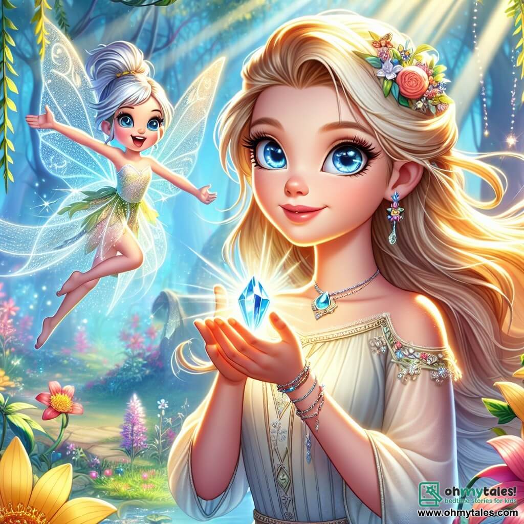 Elara, a young woman with bright blue eyes and golden hair flowing like rays of sunshine, stands in the center of an enchanted garden. Her face radiates determination and joy as she delicately holds the Crystal Dewdrop, a sparkling gem, in her hands. She wears a light dress adorned with colorful flowers, and her smile brightens the magical surroundings. Beside her, Liora, a small fairy with translucent, shimmering wings, joyfully flits around Elara. With a delicate face and silver hair, she claps enthusiastically, her eyes sparkling with happiness. In the background, the enchanted garden is filled with vibrant flowers, tall trees with glistening leaves whispering secrets, and a soft beam of light filtering through the light mist, creating a fairy-tale atmosphere. The scene depicts Elara triumphantly holding the Crystal Dewdrop as Liora twirls around her, celebrating the return of magic to the enchanted garden, filling the air with joy and vibrant colors.