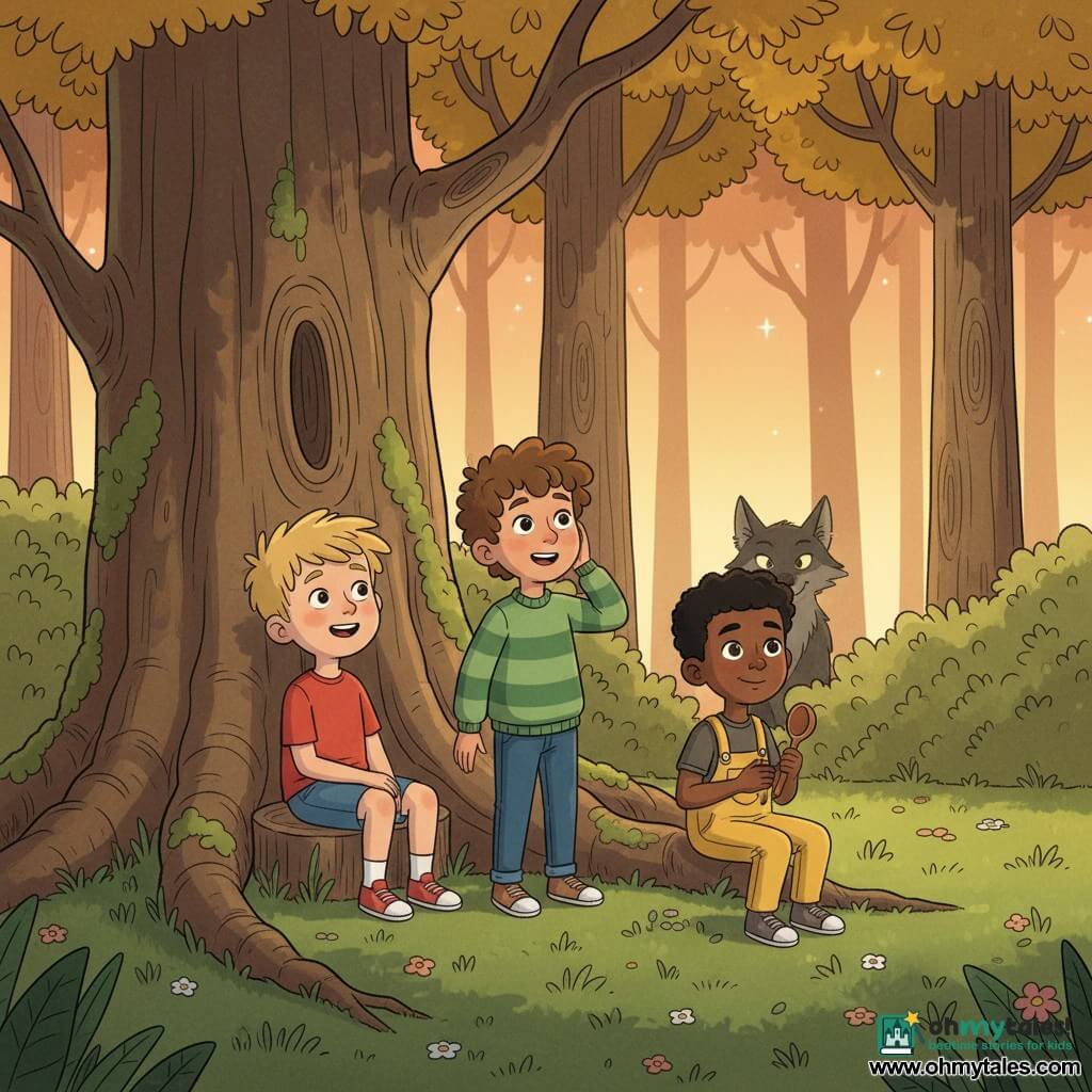Three boys sit at the base of a large tree in a forest-edge clearing at dusk: Max, 8, messy blond hair, red T-shirt and blue shorts, sits left under the tree smiling curiously; Leo, 7, curly brown hair and a green striped sweater, stands center listening with a hand behind his ear and an amazed look; Sam, 6, short black hair and yellow overalls, sits right holding a small wooden ladle with adventurous bright eyes. In the background, a discreet wolf silhouette with pointed ears and glowing eyes peeks between bushes, half-hidden in the shadows. The scene has green grass dotted with wildflowers, tall mossy trunks, golden leaves, long shadows and a pale orange sky with early stars; the mood is soft and slightly mysterious with warm dusk colors and a clear, gentle cartoon style suitable for a 4-year-old.