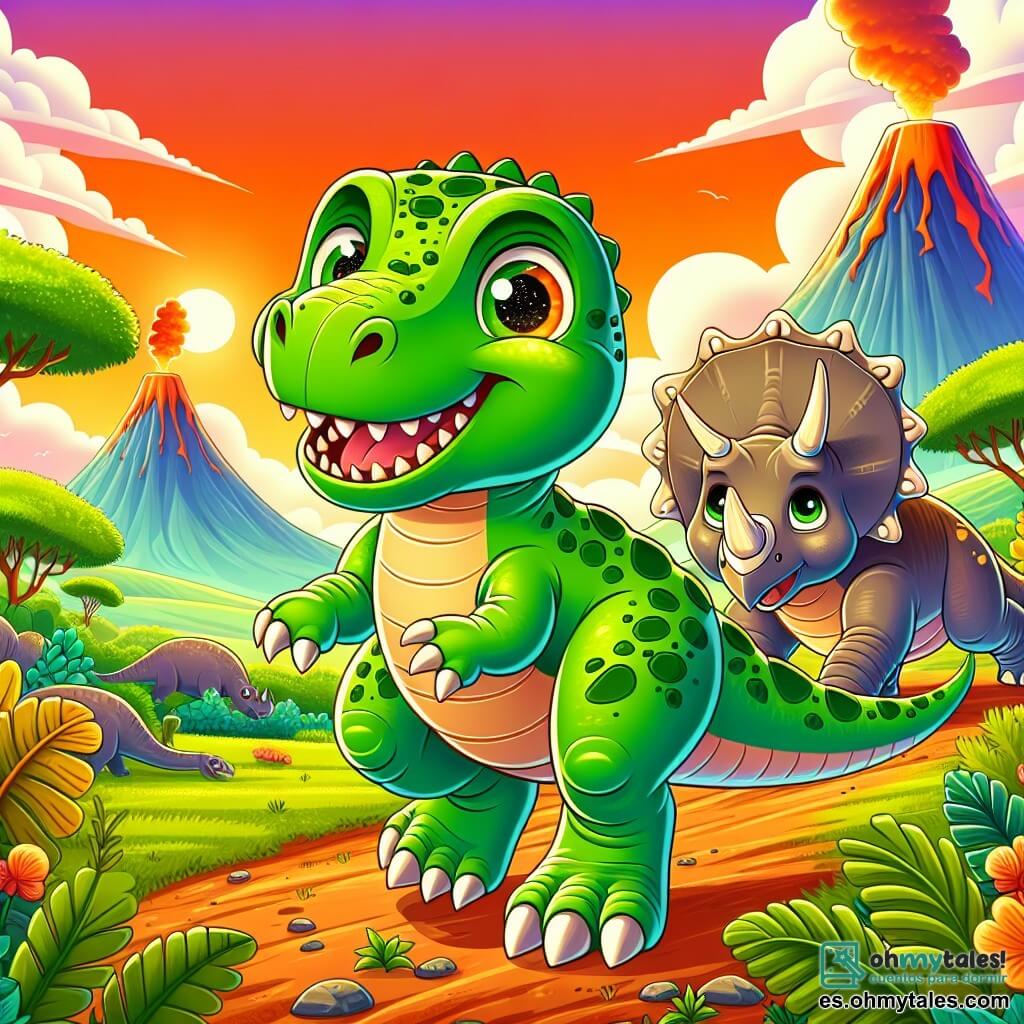 Un joven Tyrannosaurus Rex, llamado Tino, con una piel verde brillante y ojos llenos de curiosidad, camina por un camino de tierra, aplastando hojas con sus pequeñas patas robustas. Sonríe alegremente, mostrando sus dientes afilados, mientras busca un lugar seguro para vivir. A su lado, su mejor amiga, Tina la triceratops, con su gran cabeza adornada con tres cuernos y piel beige, lo mira amistosamente, lista para ayudarlo. Se encuentran en un valle verde, rodeados de majestuosas montañas y volcanes humeantes, bajo un cielo naranja brillante. La escena principal muestra a Tino y Tina conversando alegremente, explorando juntos su nuevo entorno, llenos de emoción y descubrimientos.