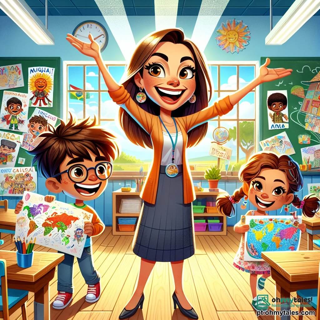 A cena mostra a Professora Luna, uma mulher jovem com longos cabelos castanhos e um sorriso radiante, em pé no centro da sala de aula. Ela está cheia de entusiasmo, com os braços abertos, rodeada de desenhos coloridos pendurados nas paredes. À sua direita, Miguel, um garoto de 8 anos com óculos e cabelos bagunçados, segura um grande desenho de um samurai, com os olhos brilhando de excitação. À sua esquerda, Ana, uma menina de 7 anos com tranças e um vestido florido, dança alegremente mostrando um cartaz sobre o Brasil, com um grande sorriso no rosto. A sala de aula é clara e acolhedora, com mesas de madeira, cadeiras coloridas e um grande quadro negro cheio de desenhos e palavras. Raios de sol filtram pelas janelas, iluminando o espaço. A situação principal mostra a Professora Luna e seus alunos compartilhando suas descobertas sobre o mundo, cada um apresentando o que aprendeu com entusiasmo, criando uma atmosfera de alegria e camaradagem.