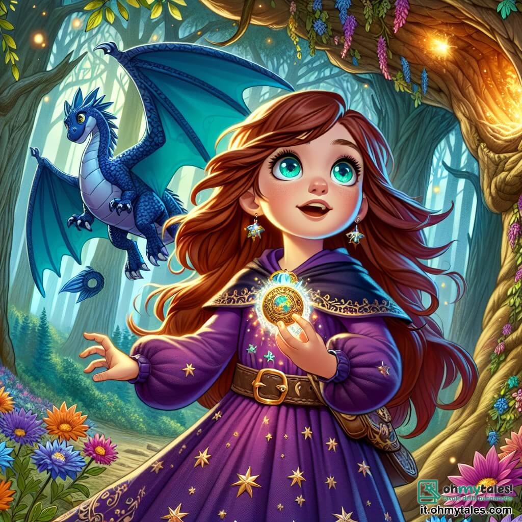 Al centro dell'immagine, una giovane apprendista strega, Arianna, di circa 10 anni, si trova davanti a un grande albero maestoso, con gli occhi brillanti di eccitazione e determinazione. Ha lunghi capelli castani e indossa un vestito viola decorato con stelle dorate, tenendo un medaglione luminoso nella mano. Il suo volto esprime curiosità e coraggio mentre guarda verso l'alto, pronta ad affrontare l'ignoto. Accanto a lei, un drago amichevole di nome Fyrion, con squame blu-azzurro scintillanti e grandi ali spiegate, si trova in posizione protettiva, con uno sguardo benevolo. Sullo sfondo, la foresta di Lunestra si estende, con alberi dai tronchi spessi e foglie brillanti illuminate dalla luce del mattino. Fiori magici dai colori vivaci punteggiano il terreno, aggiungendo un tocco di magia all'ambiente. Arianna solleva il suo medaglione verso il cielo, mentre Fyrion ruggisce dolcemente al suo fianco, creando un'atmosfera di magia e avventura, preannunciando l'inizio di una ricerca epica per ritrovare la Gemma dei Destini.