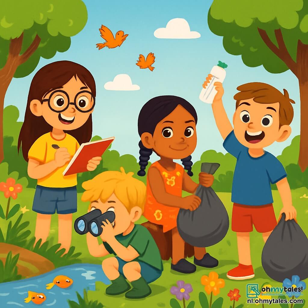 Er zijn 4 kinderen: Emma: een 9-jarig meisje met lang bruin haar en ronde bril. Ze draagt een gele t-shirt en een spijkerbroekshort. Ze staat, glimlachend, met een notitieboek in de ene hand en een potlood in de andere, klaar om te schrijven. Sam: een 8-jarige jongen met tousled blond haar en sproeten. Hij draagt een groene t-shirt en korte broek. Hij zit naast een klein beekje en kijkt naar vissen met een verrekijker. Noor: een 9-jarig meisje met gevlochten zwart haar en een bloemenjurk. Ze zit op een boomstronk, met een zak afval die ze net heeft opgehaald, met een vastberaden blik. Lars: een 8-jarige jongen met kastanjebruin haar en een grote glimlach. Hij draagt een blauwe t-shirt en een rode short. Hij staat naast Noor, met een stuk afval in de lucht, met een komische uitstraling, alsof hij een superheld is. De locatie is een prachtig natuurpark, vol kleurrijke bloemen, majestueuze bomen met heldergroene bladeren en een glinsterende beek die door het landschap kronkelt. Vogels vliegen in de blauwe lucht, terwijl vlinders om de bloemen dansen. De belangrijkste situatie toont de kinderen die afval opruimen om de natuur schoon te maken. Ze werken samen, glimlachend en gemotiveerd, met plastic zakken in de hand, omringd door de schoonheid van de natuur, wat hun inzet voor het beschermen van het milieu aantoont.