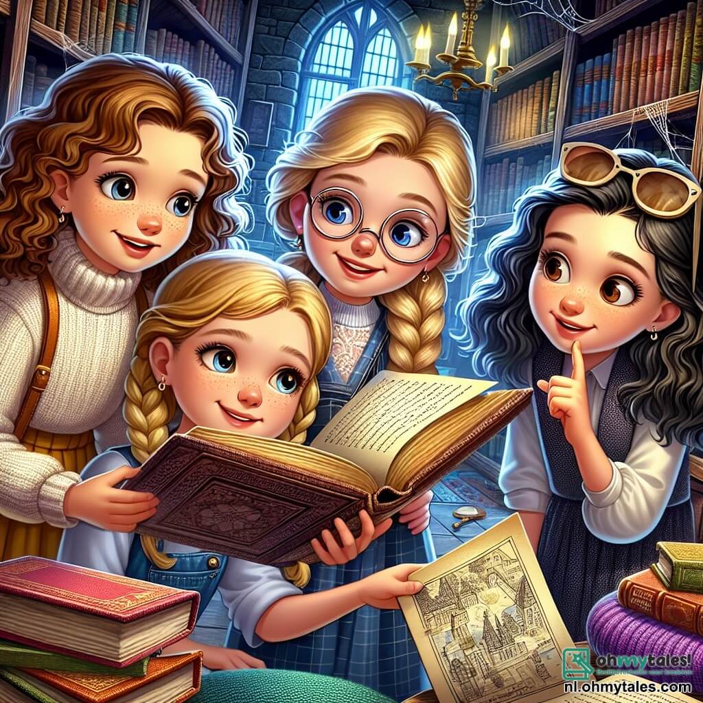 Vier vriendinnen, allemaal twaalf jaar oud, staan in een oude bibliotheek vol kleurrijke boeken. Emma, met krullend bruin haar en ronde bril, bekijkt een oud boek met een nieuwsgierige blik. Lotte, met blond gevlochten haar, glimlacht terwijl ze een groot geopend boek vasthoudt, haar ogen sprankelend van opwinding. Noor, met zwart haar en een zonnebril op haar hoofd, wijst met een vinger naar een mysterieuze illustratie in het boek. Tot slot kijkt Sophie, met glad kastanjebruin haar, aandachtig naar een kaart die ze in haar handen houdt, met een geconcentreerde uitdrukking. De bibliotheek is magisch, met donkere houten planken, zachte lichten die de vergeelde pagina's verlichten, en kleurrijke kussens verspreid over de vloer. Spinwebben in de hoeken voegen een vleugje mysterie toe aan de sfeer. De vier vriendinnen ontdekken een oude sleutel en een mysterieus boek dat hen leidt naar een spannend avontuur om het mysterie van een verborgen plek op hun school op te lossen.