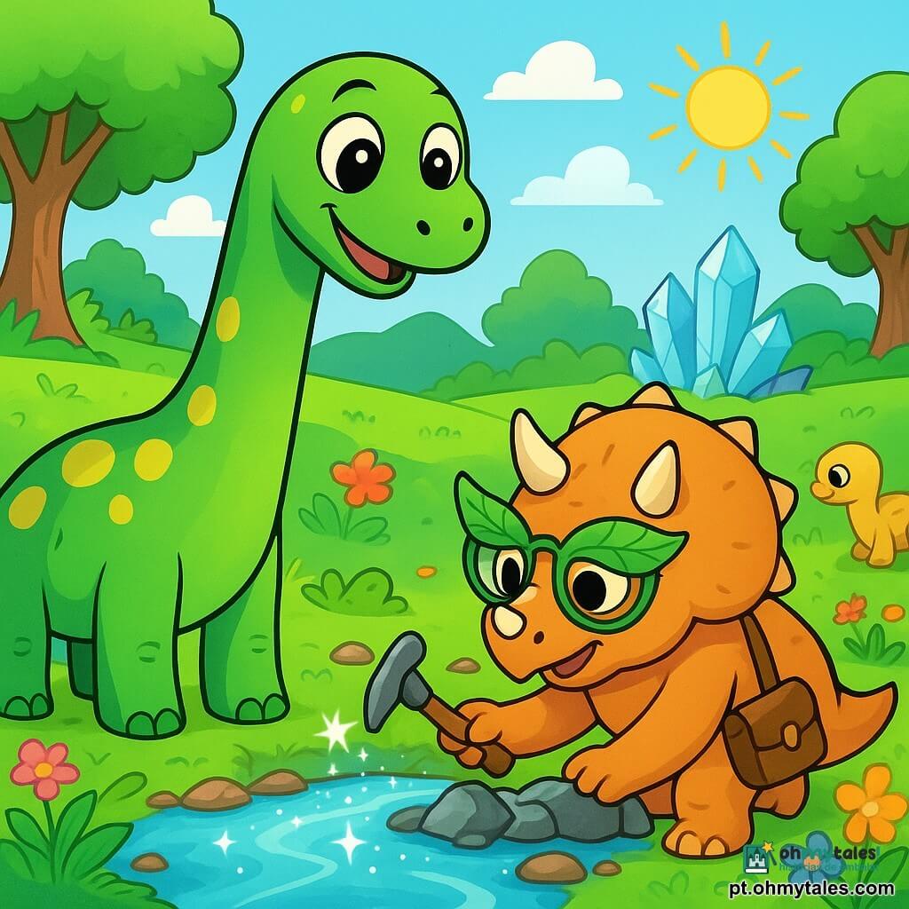 Um diplodoco feliz, com um longo pescoço verde e manchas amarelas, está à beira de um riacho cintilante, seus grandes olhos brilhando de curiosidade. Ao seu lado, um tricerátopo inventor, usando óculos de folhas e uma pequena bolsa de couro, utiliza ferramentas feitas de pedras para limpar o riacho, sorrindo com determinação. O cenário é uma vasta planície verdejante, salpicada de flores coloridas e grandes árvores, com cristais brilhantes que cintilam ao sol ao fundo. A cena mostra o diplodoco e o tricerátopo trabalhando juntos para purificar a água, cercados por pequenos dinossauros curiosos que os observam com admiração.